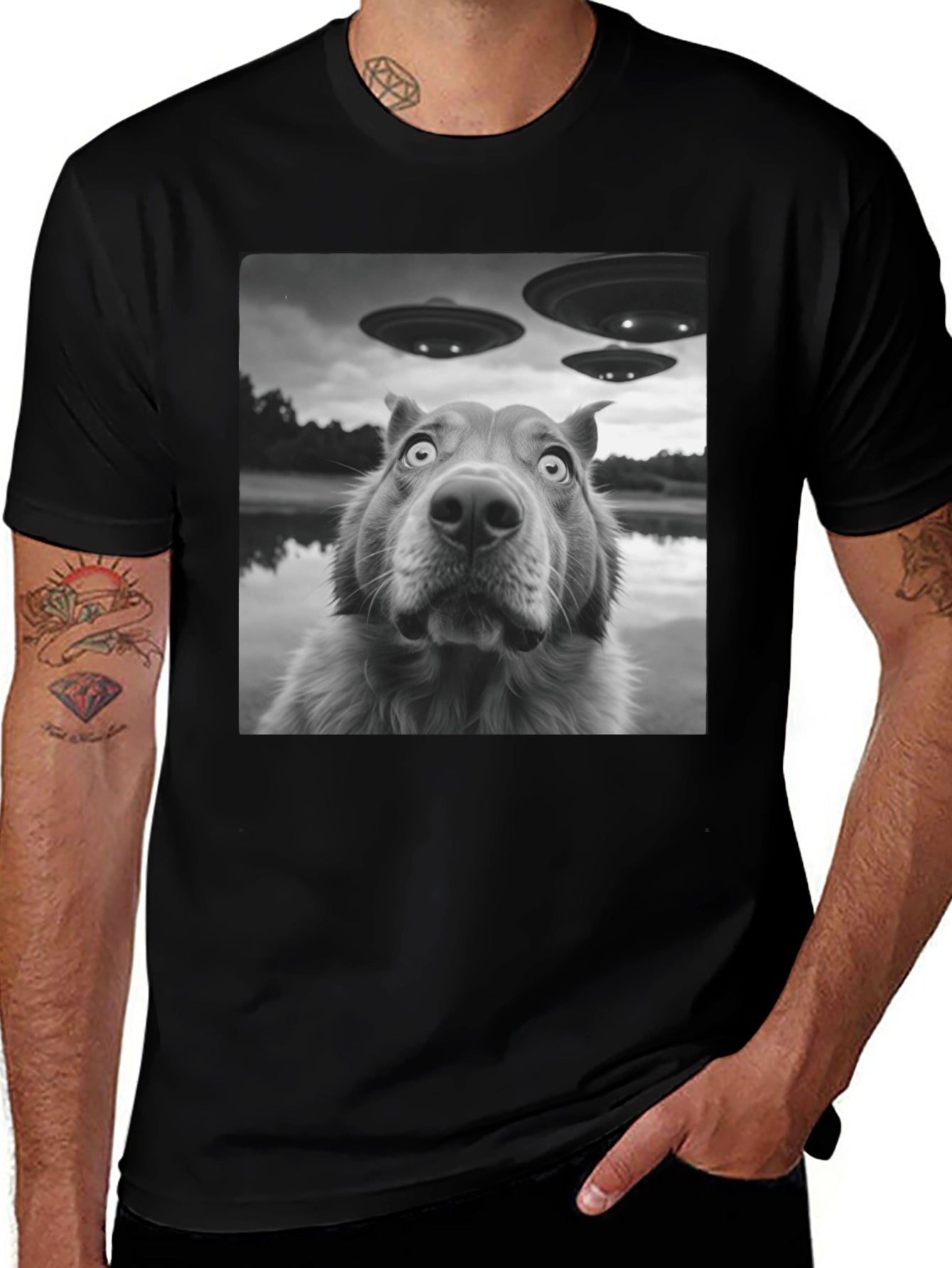 UFO Dog Black T-Shirt - Alien Invasion Design