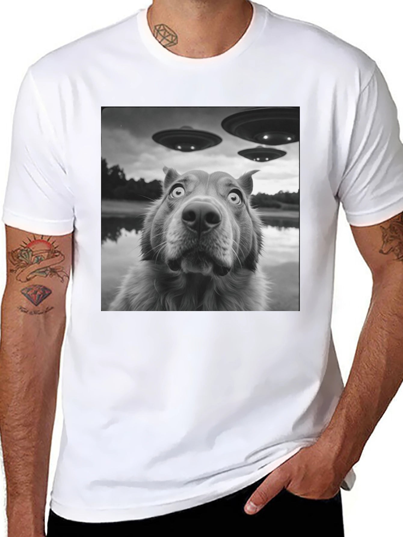 UFO Dog Black T-Shirt - Alien Invasion Design