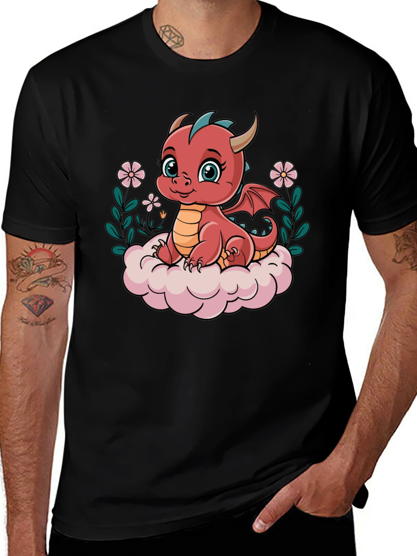 Cute Dragon Graphic Tee - Black Cotton Shirt