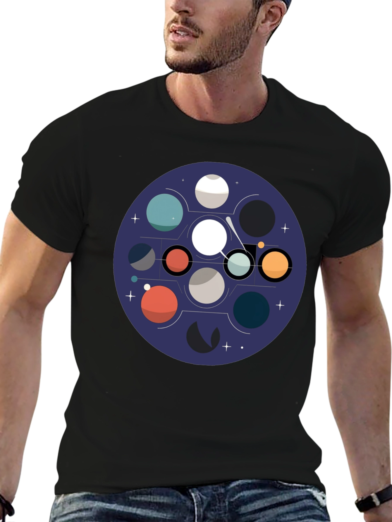 Cosmic Planets Graphic Tee - Black Cotton Blend
