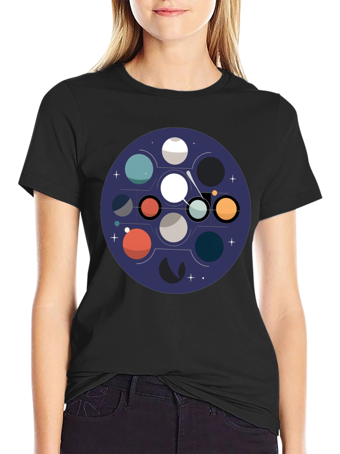 Cosmic Planets Graphic Tee - Black Cotton Blend