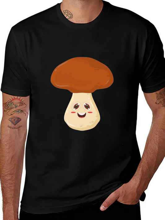 Cute Mushroom Graphic Tee - Black Cotton T-Shirt