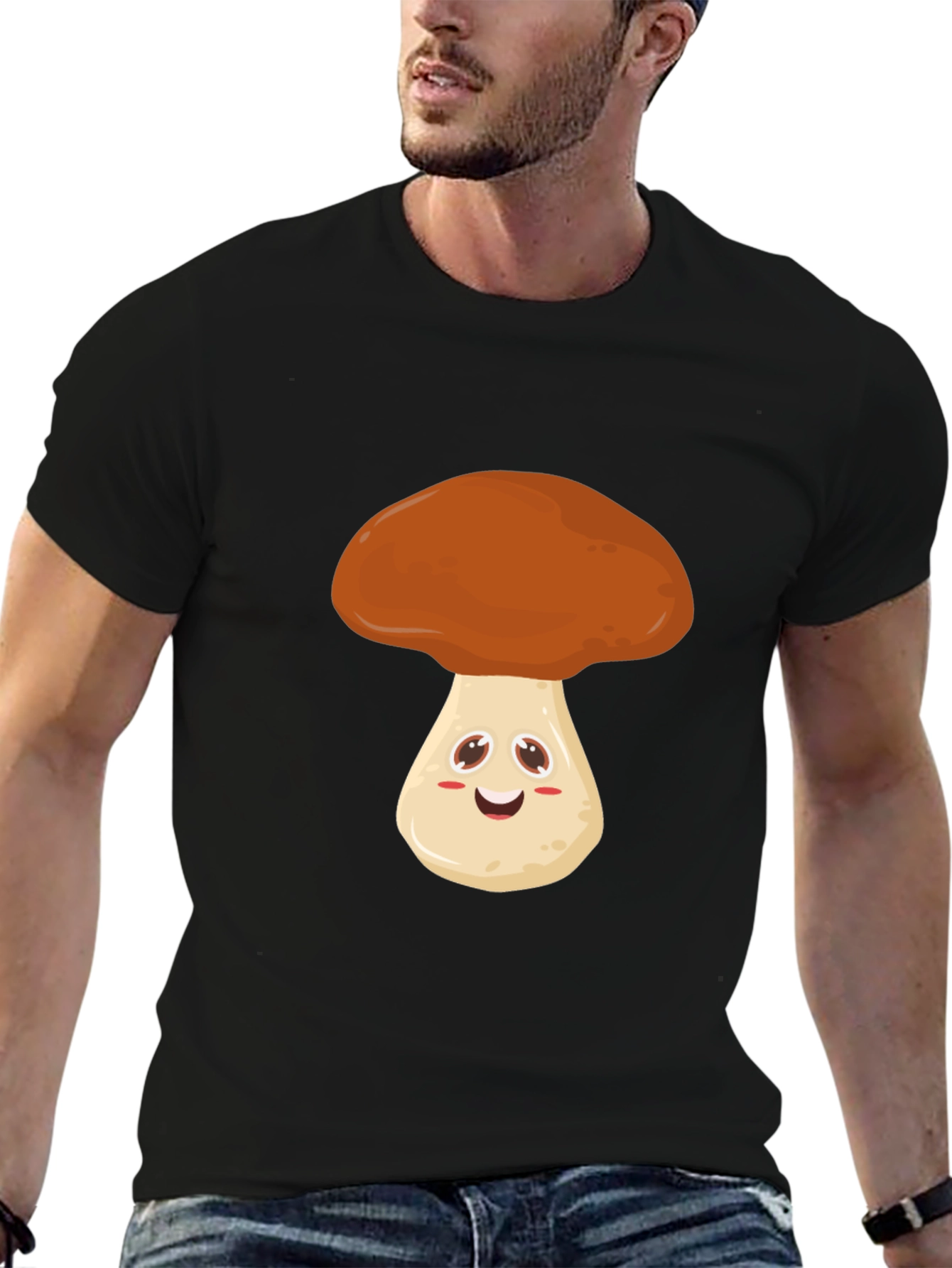 Cute Mushroom Graphic Tee - Black Cotton T-Shirt