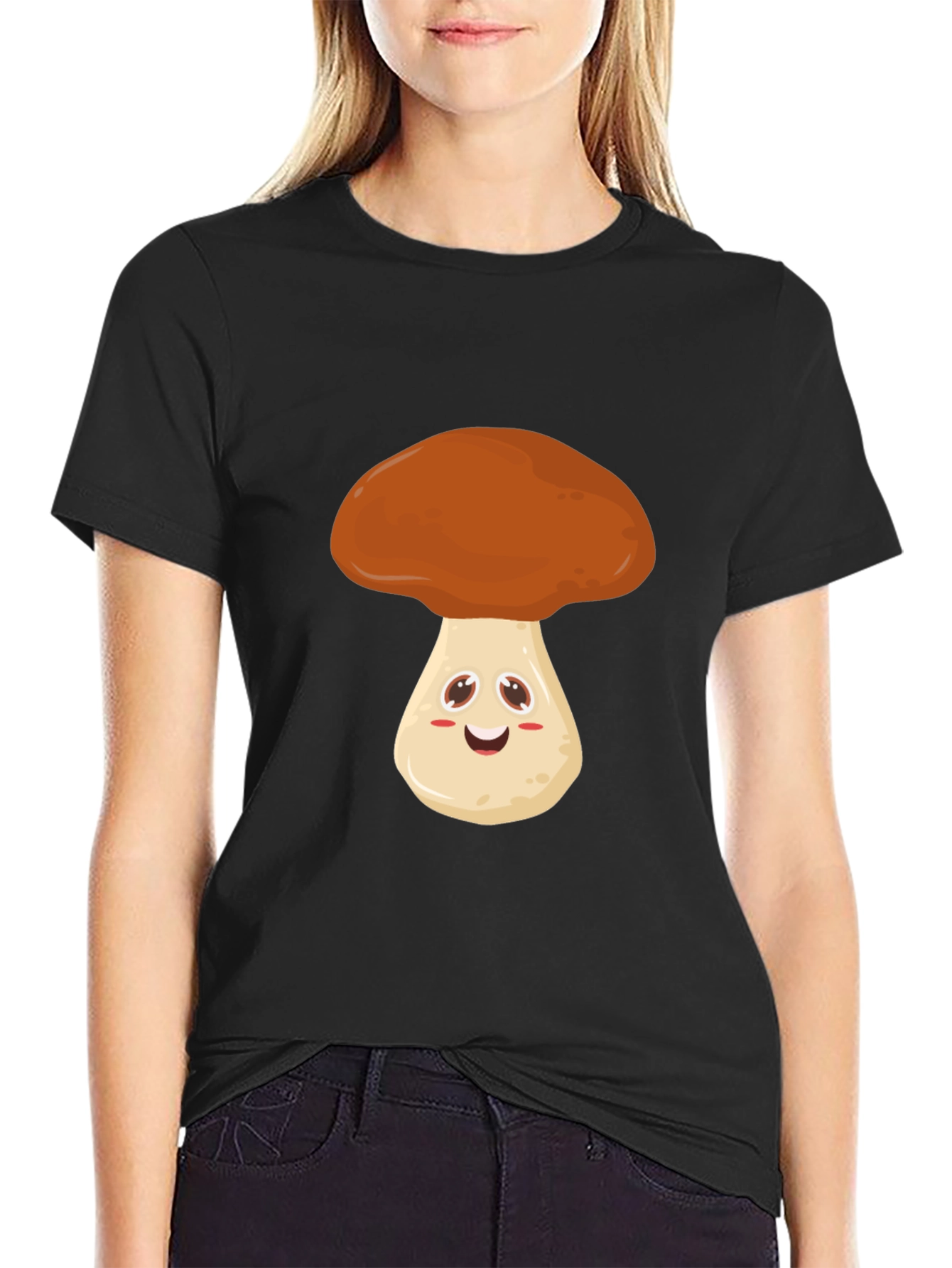 Cute Mushroom Graphic Tee - Black Cotton T-Shirt