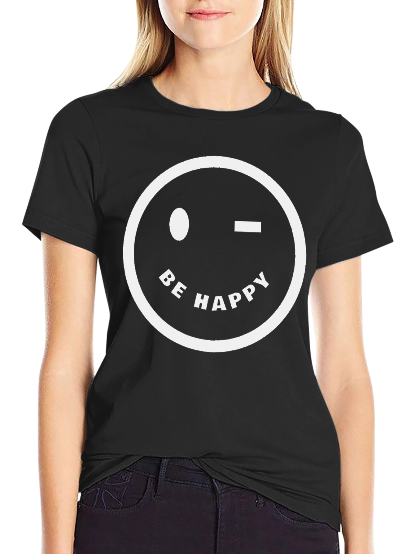 Be Happy Winking Face Graphic T-Shirt