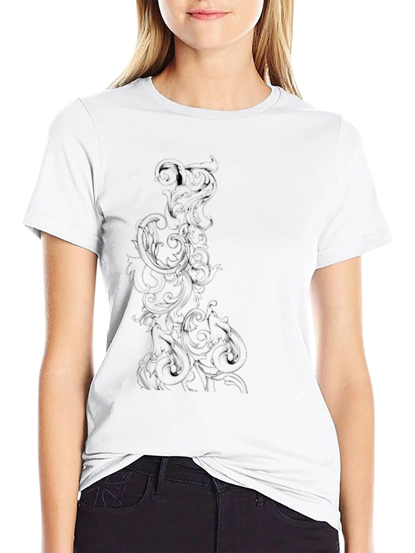 Elegant Black T-Shirt with Ornate Scroll Design