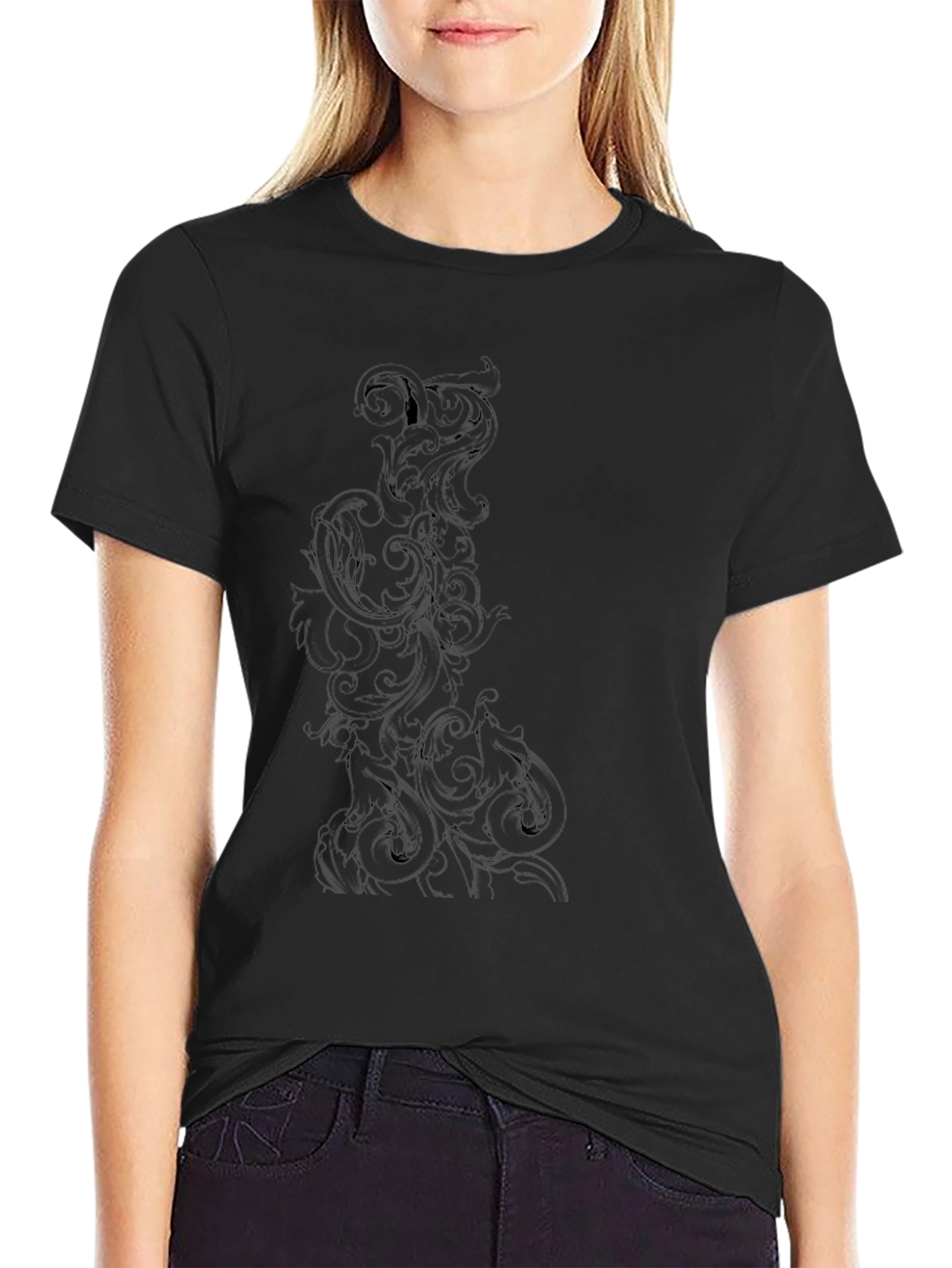Elegant Black T-Shirt with Ornate Scroll Design