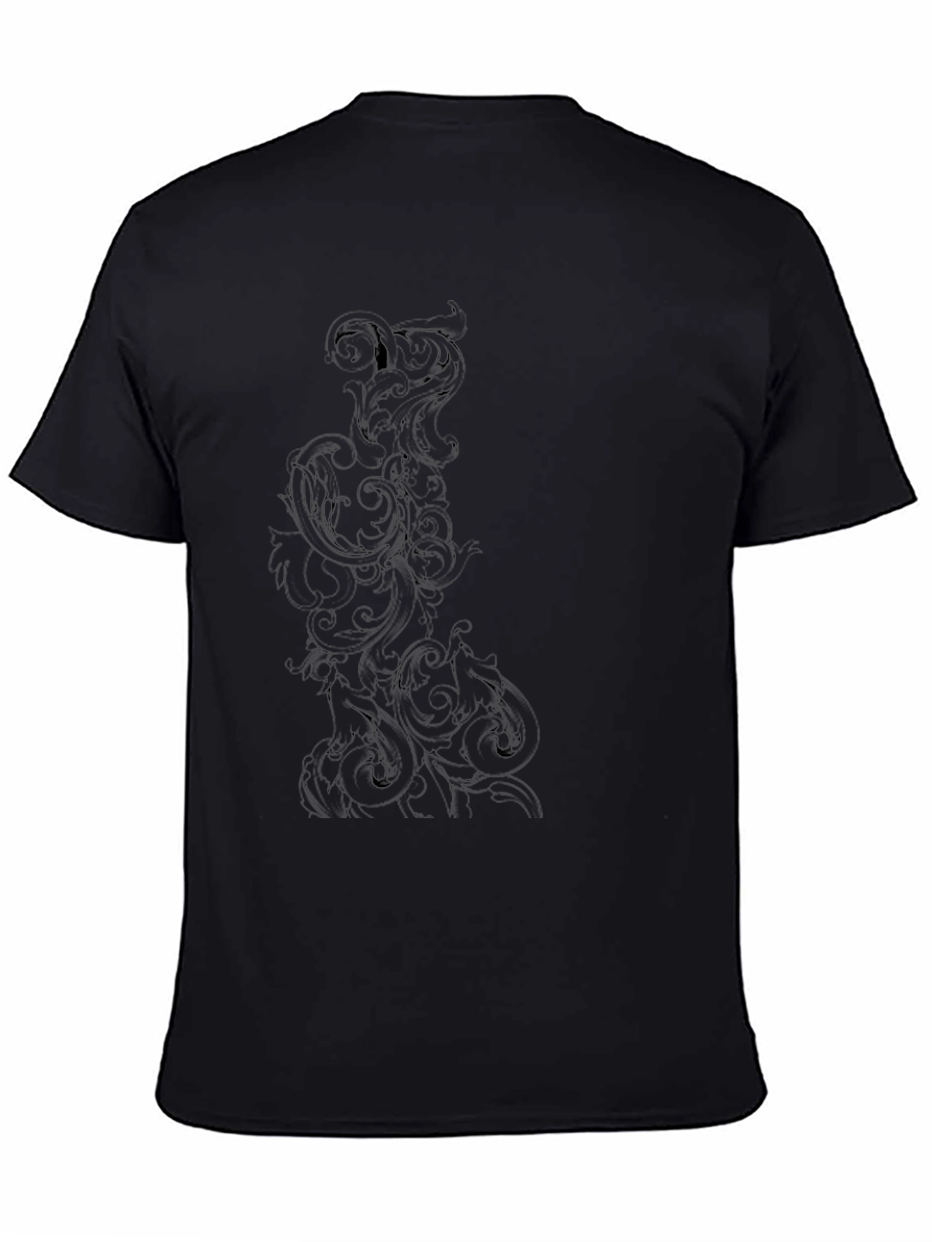 Elegant Black T-Shirt with Ornate Scroll Design