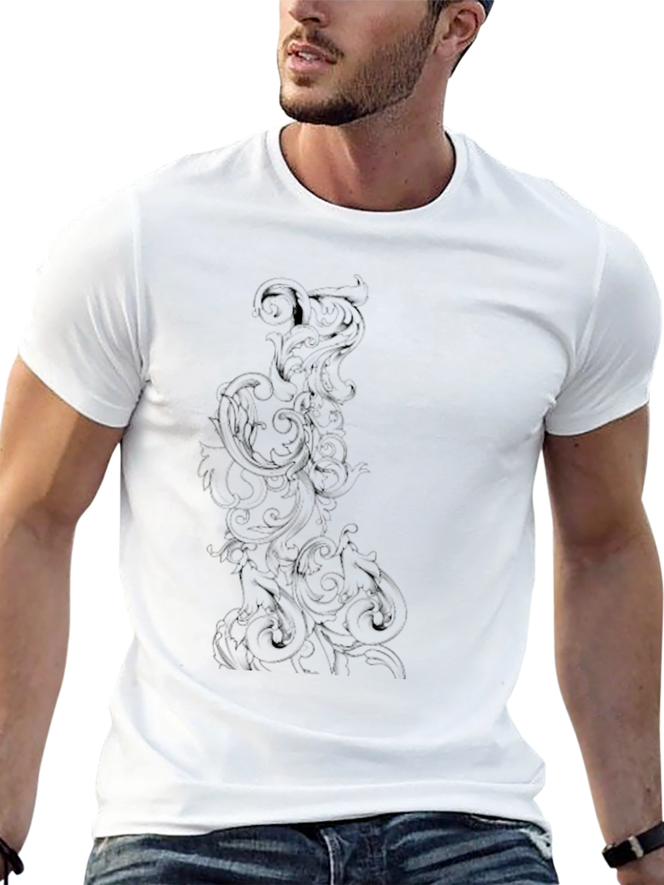 Elegant Black T-Shirt with Ornate Scroll Design