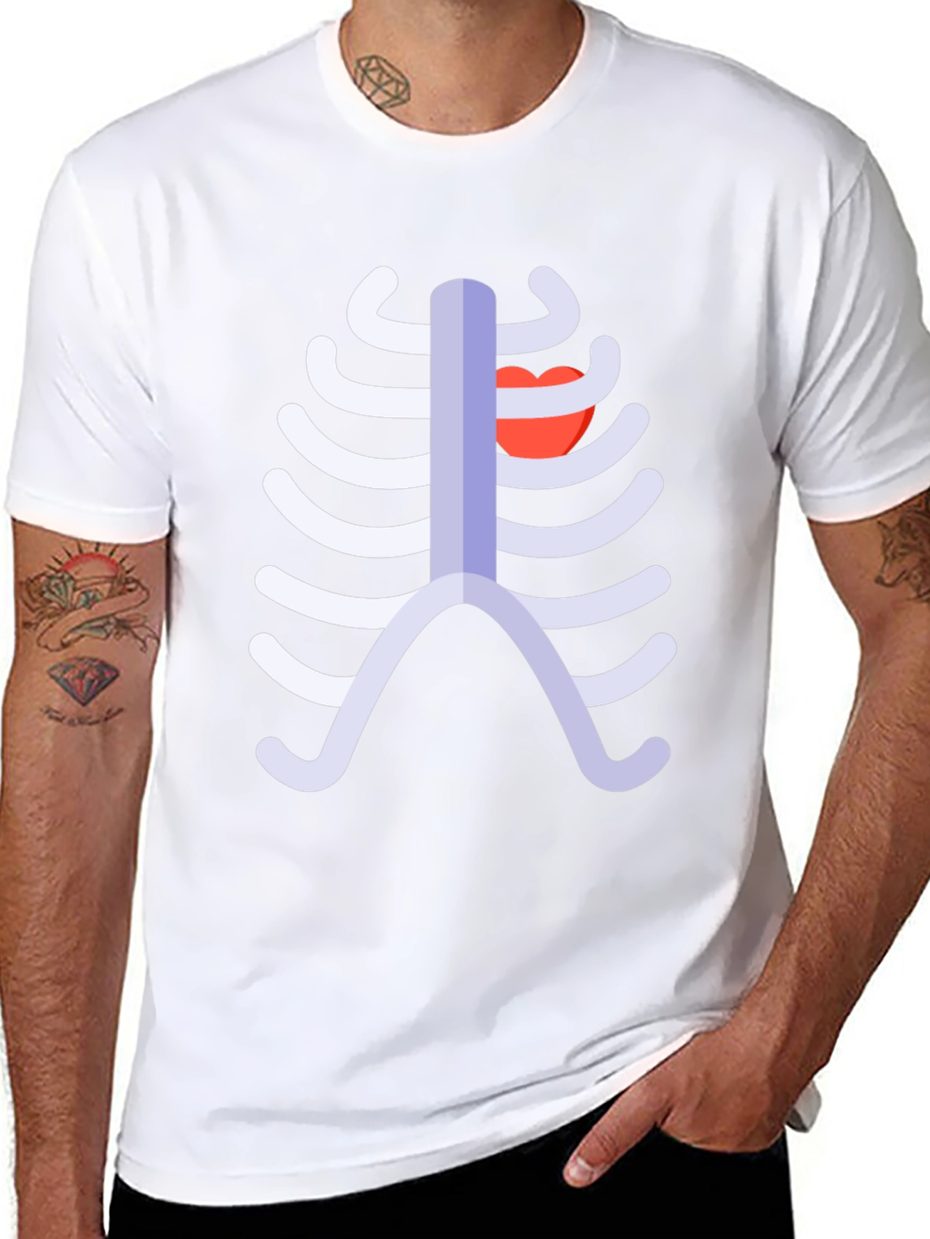 Skeleton Rib Cage Heart Graphic Tee - Black