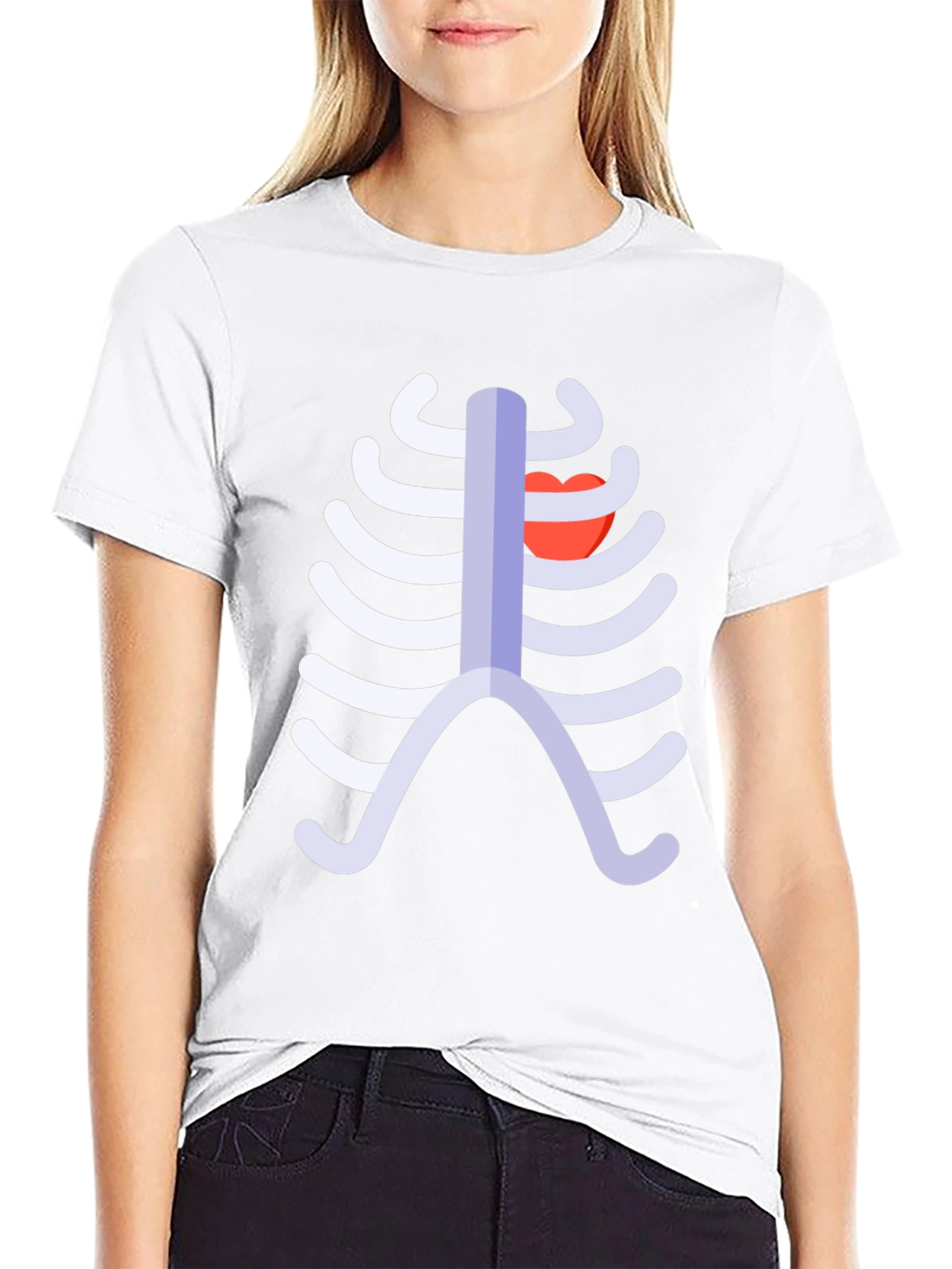 Skeleton Rib Cage Heart Graphic Tee - Black
