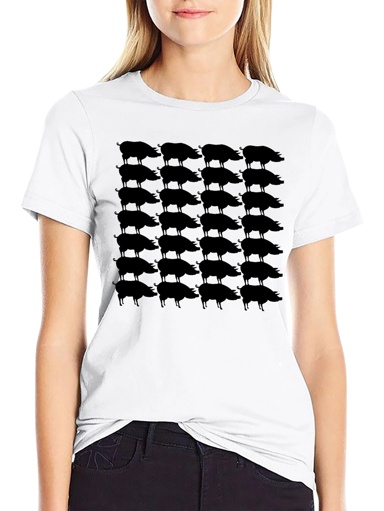 Mens Black Pig Print Crew Neck T-Shirt