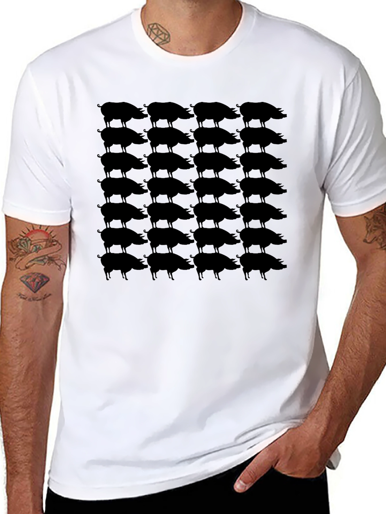 Mens Black Pig Print Crew Neck T-Shirt