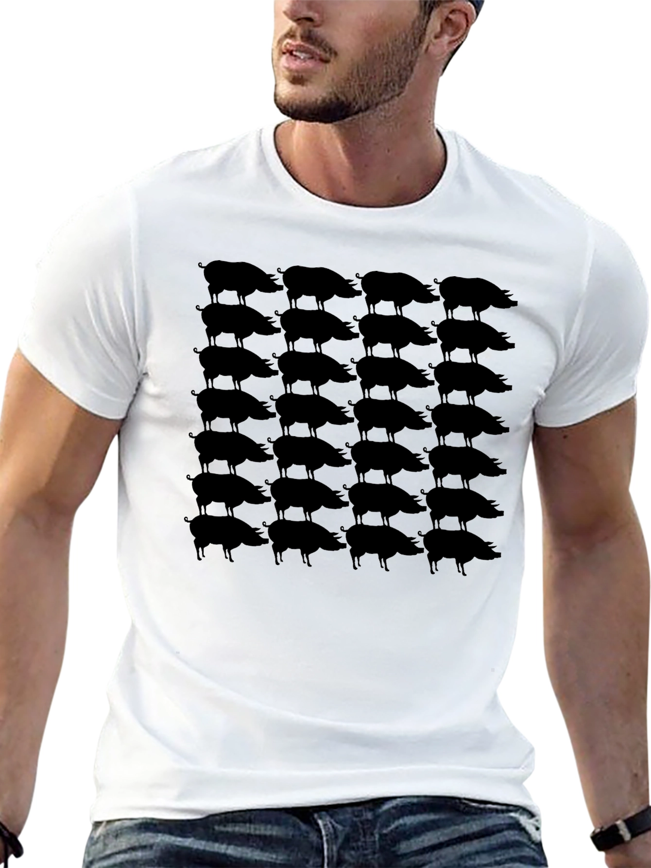 Mens Black Pig Print Crew Neck T-Shirt