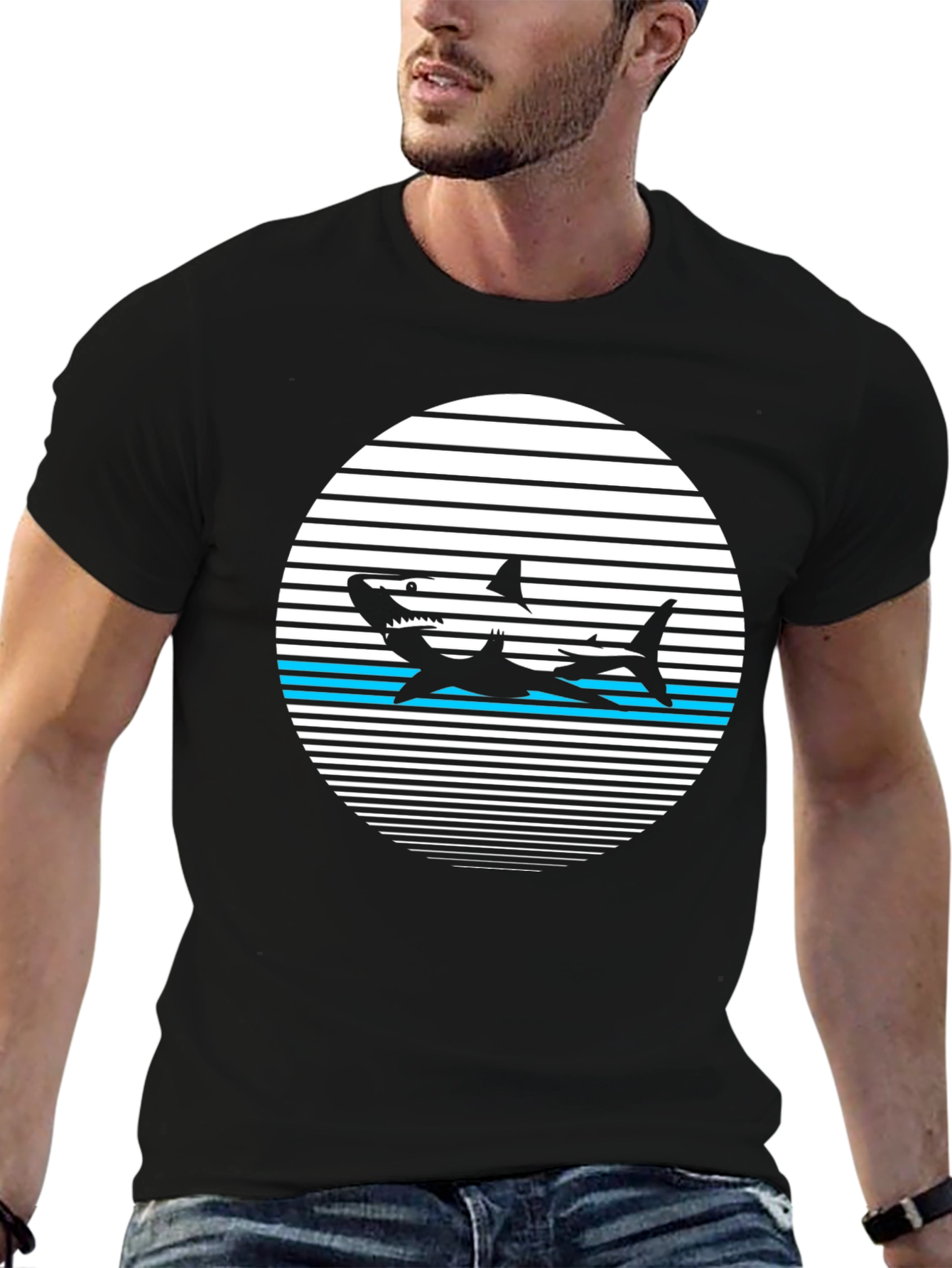 Retro Shark Graphic Tee - Black Cotton T-Shirt