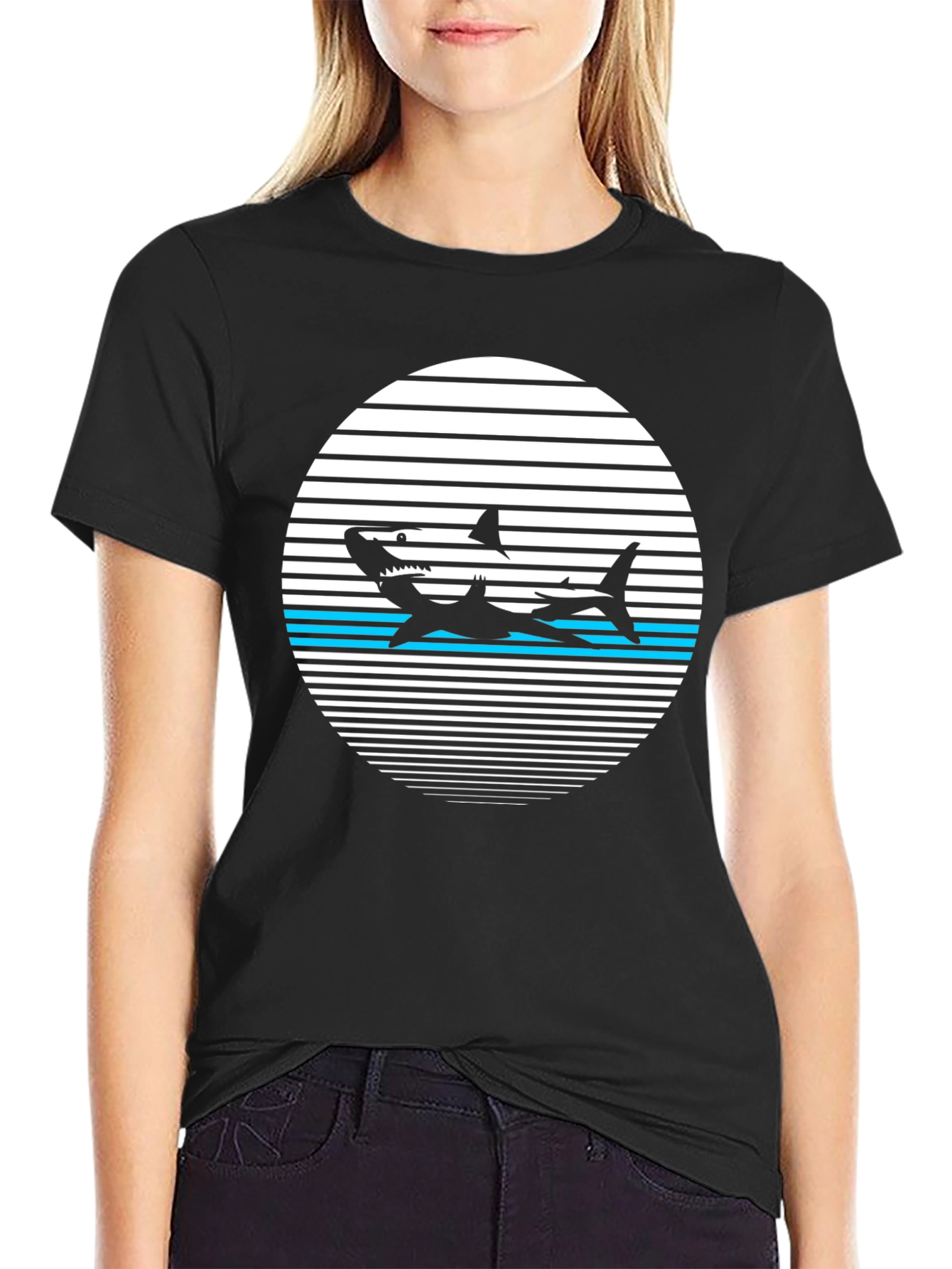 Retro Shark Graphic Tee - Black Cotton T-Shirt