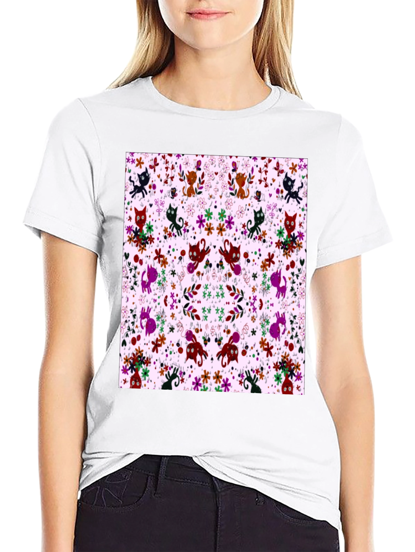 Floral Cat Pattern Black T-Shirt