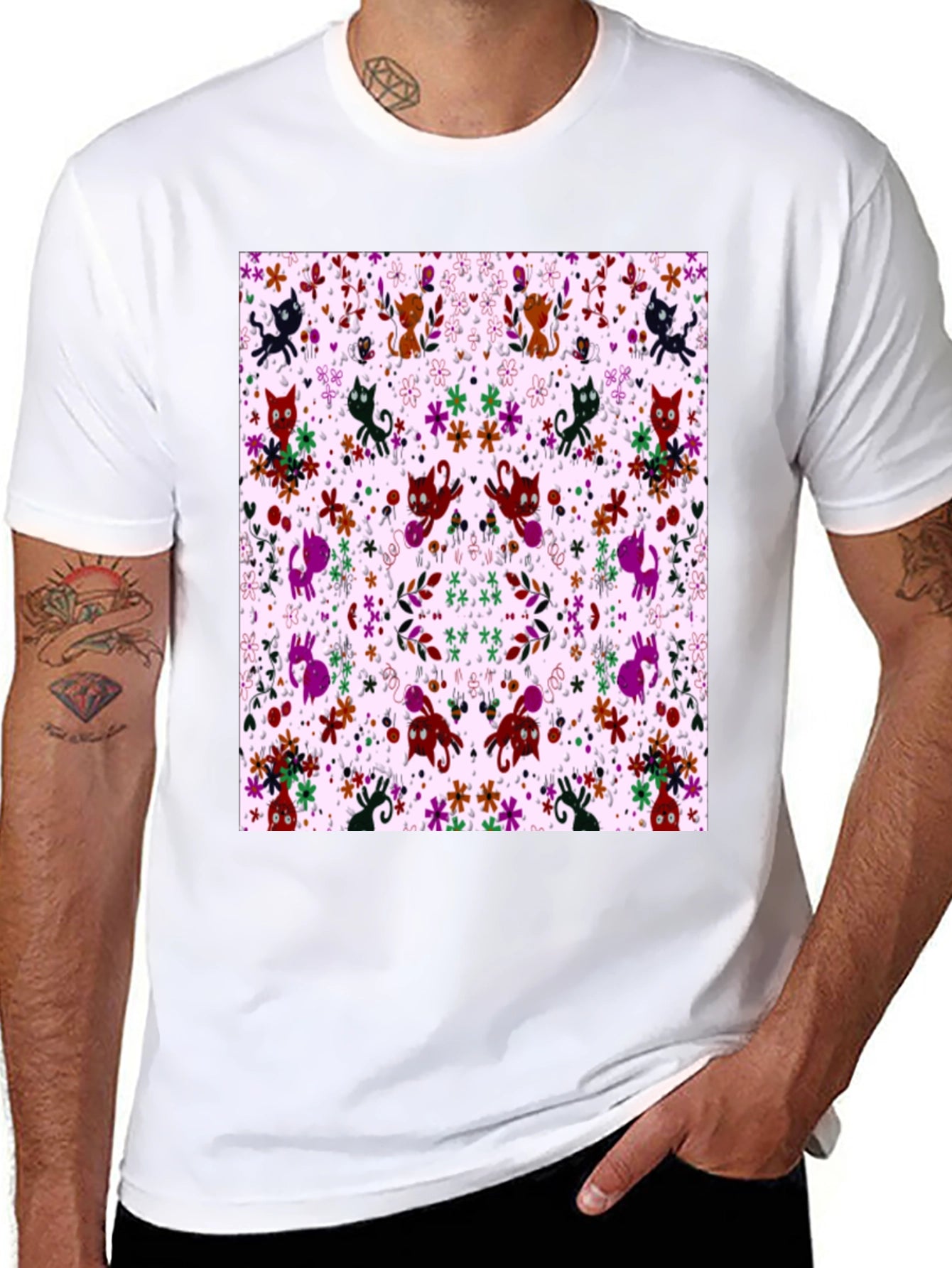 Floral Cat Pattern Black T-Shirt