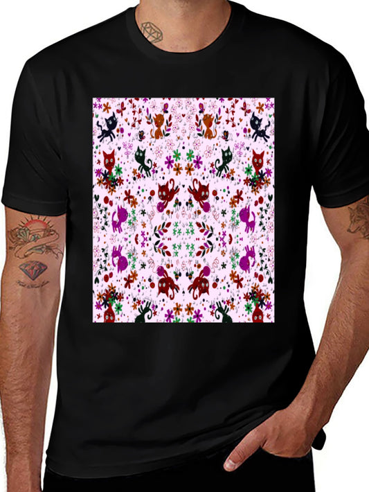 Floral Cat Pattern Black T-Shirt