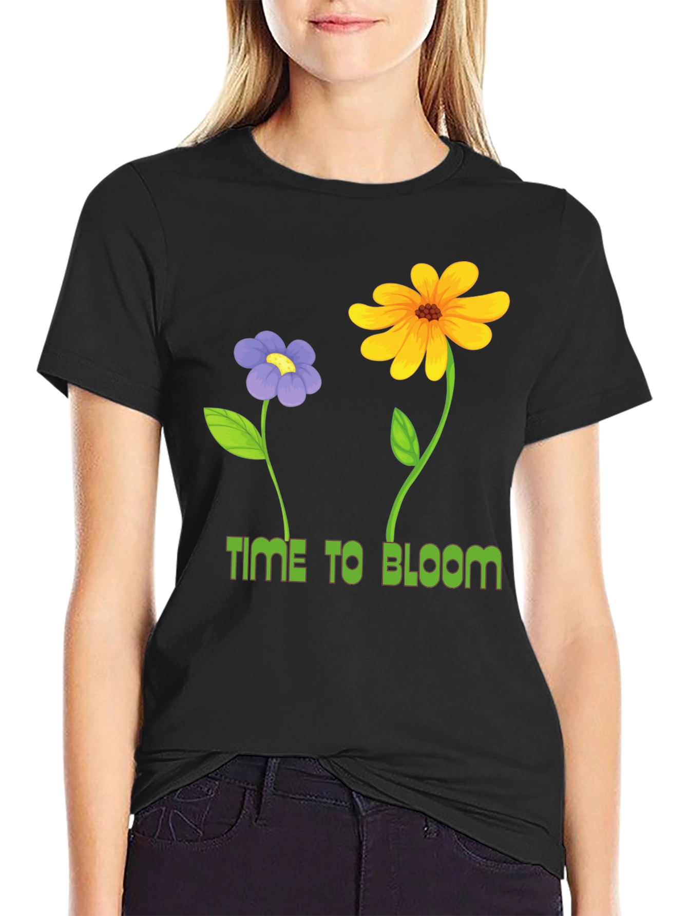 Time to Bloom Graphic Tee - Black Cotton T-Shirt