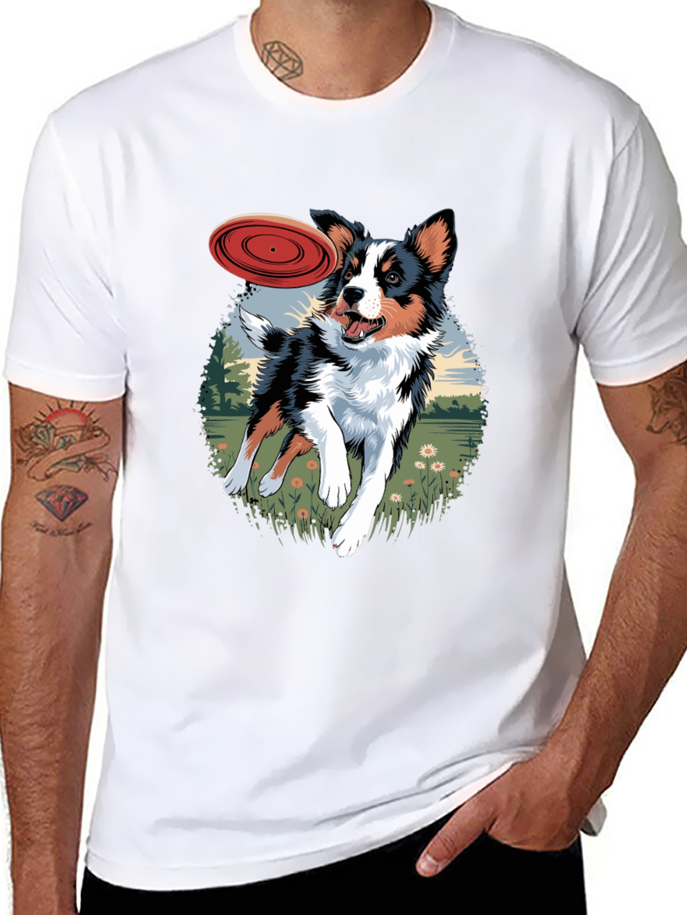 Dog & Frisbee Graphic Tee - Casual Black T-Shirt