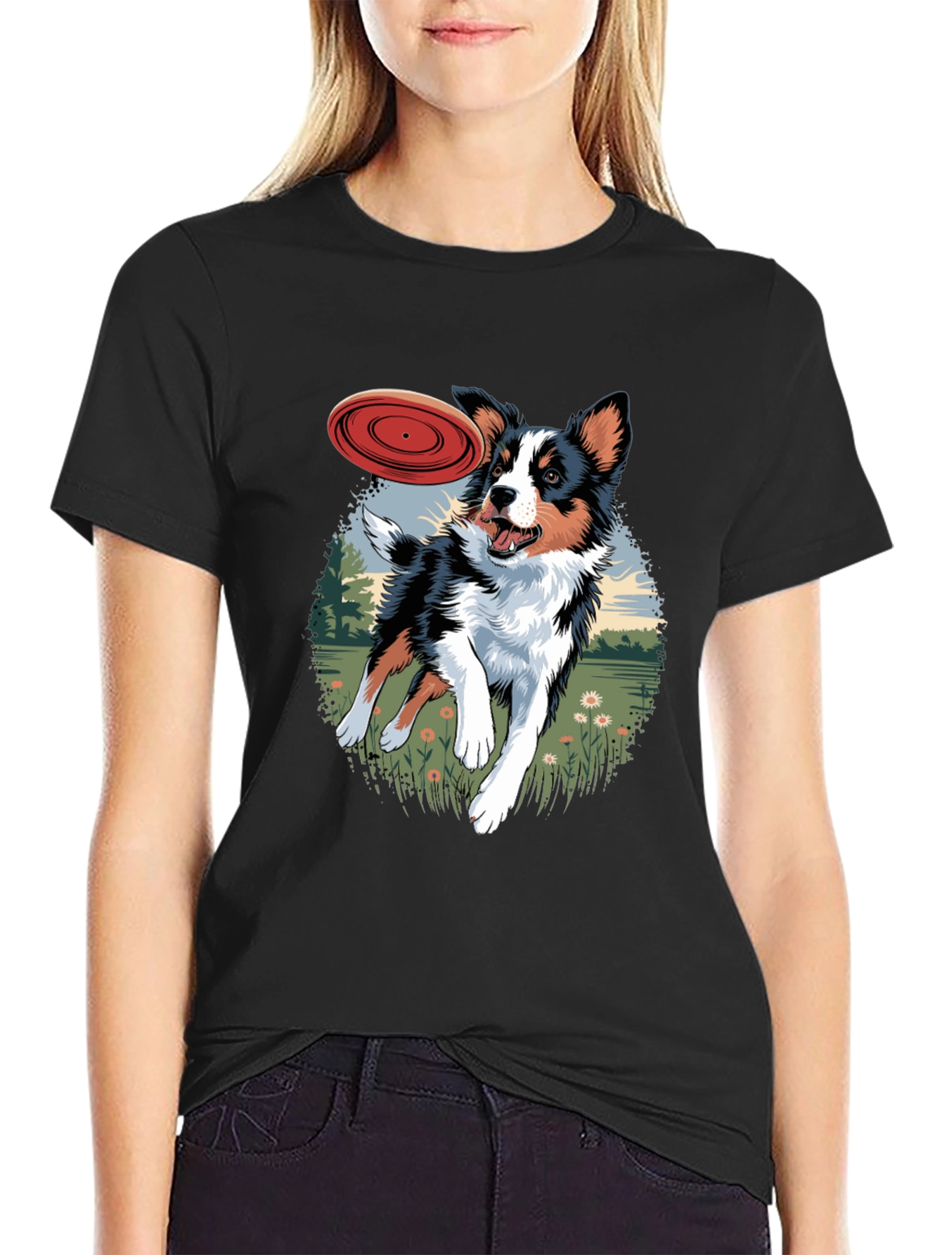 Dog & Frisbee Graphic Tee - Casual Black T-Shirt