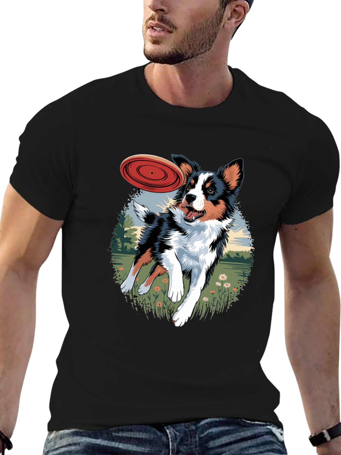 Dog & Frisbee Graphic Tee - Casual Black T-Shirt