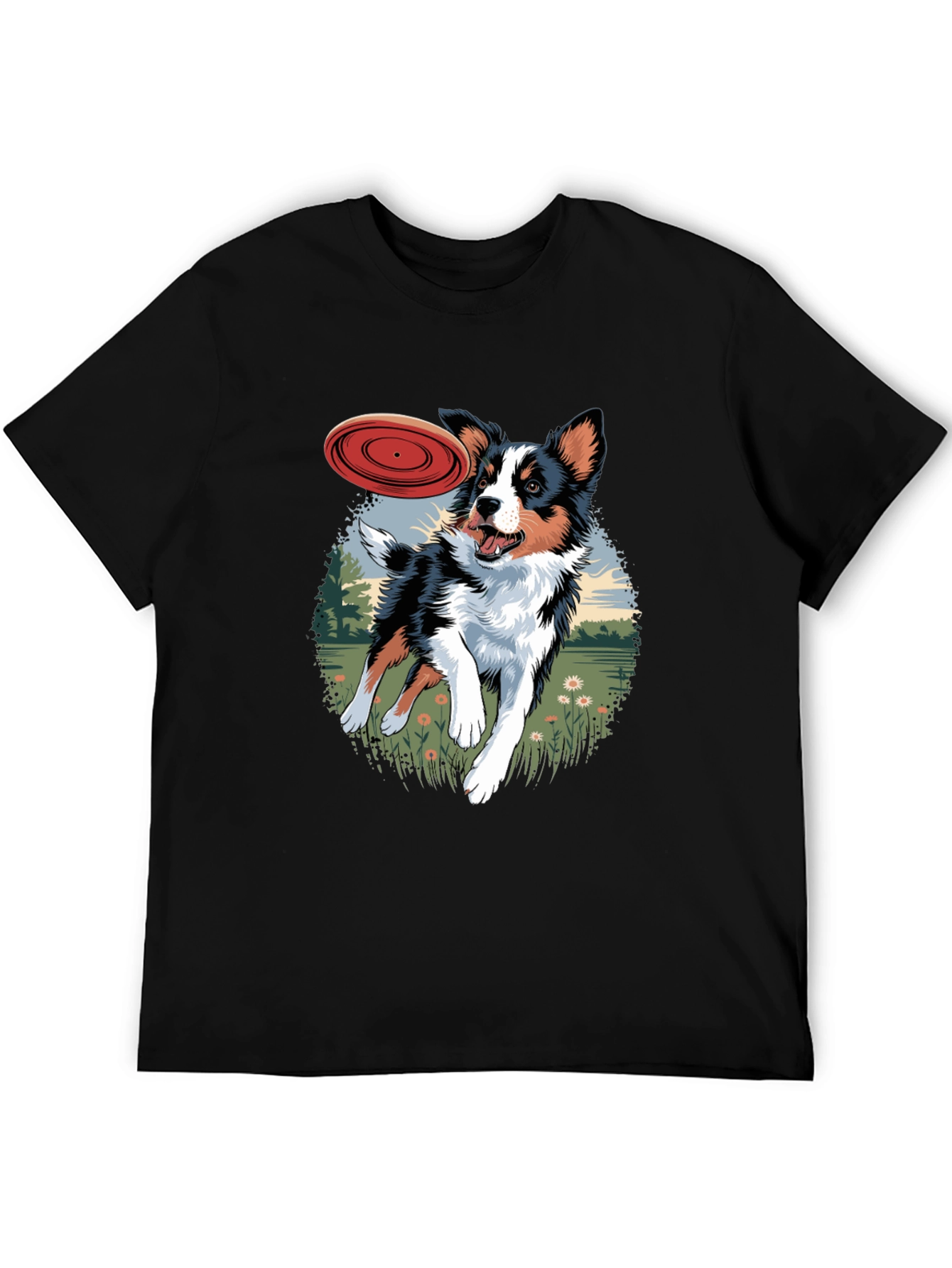 Dog & Frisbee Graphic Tee - Casual Black T-Shirt