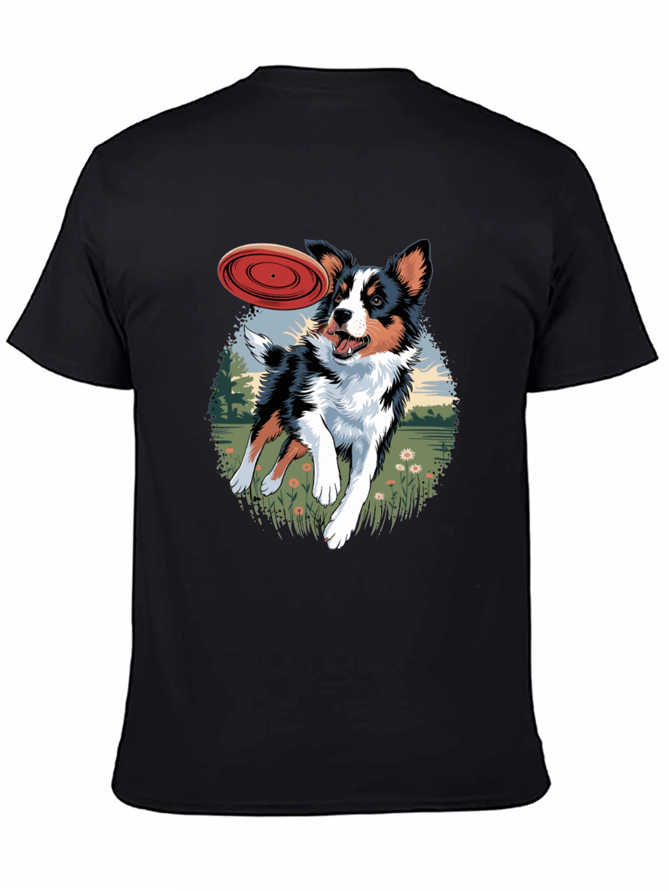 Dog & Frisbee Graphic Tee - Casual Black T-Shirt