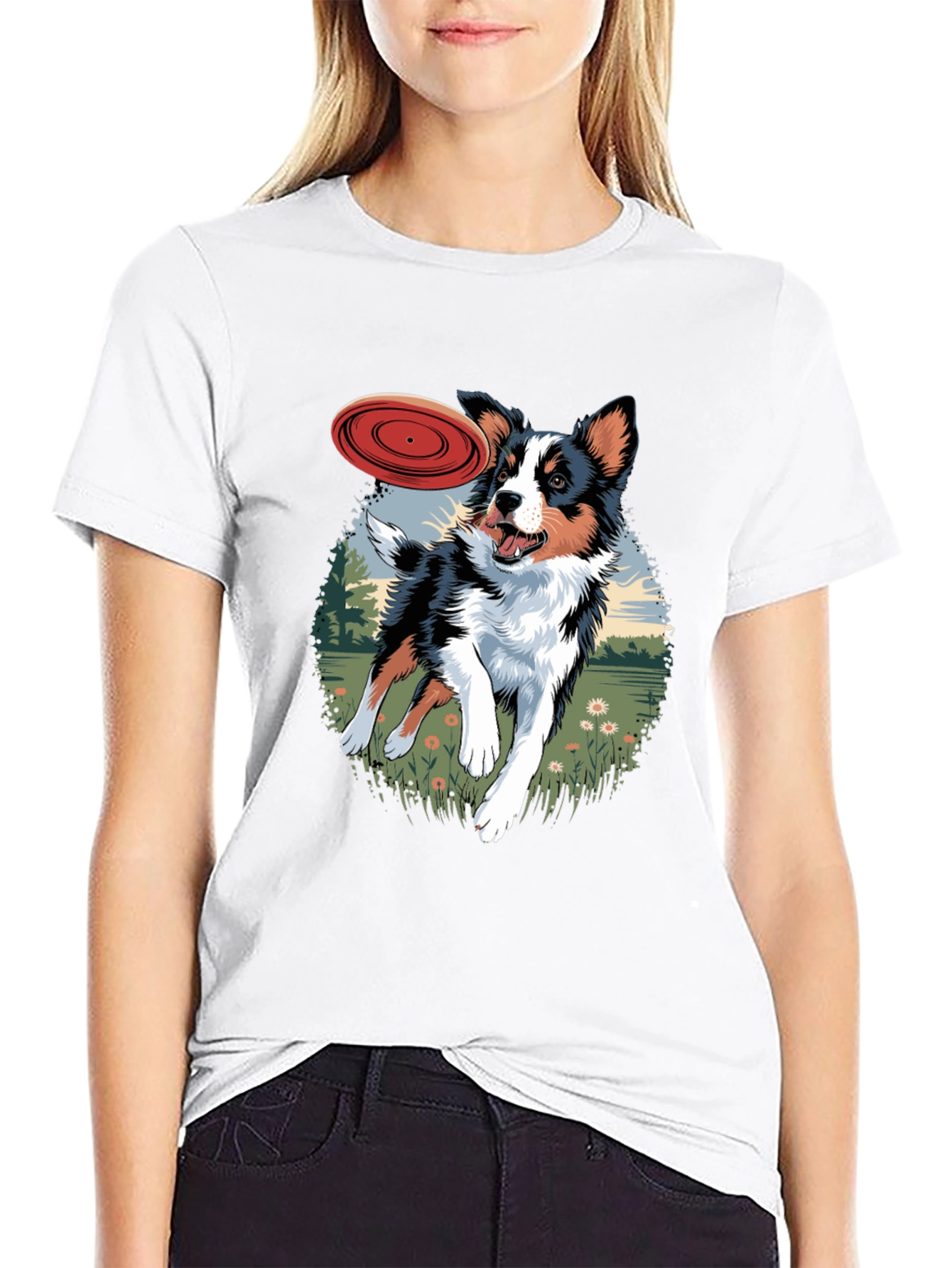 Dog & Frisbee Graphic Tee - Casual Black T-Shirt