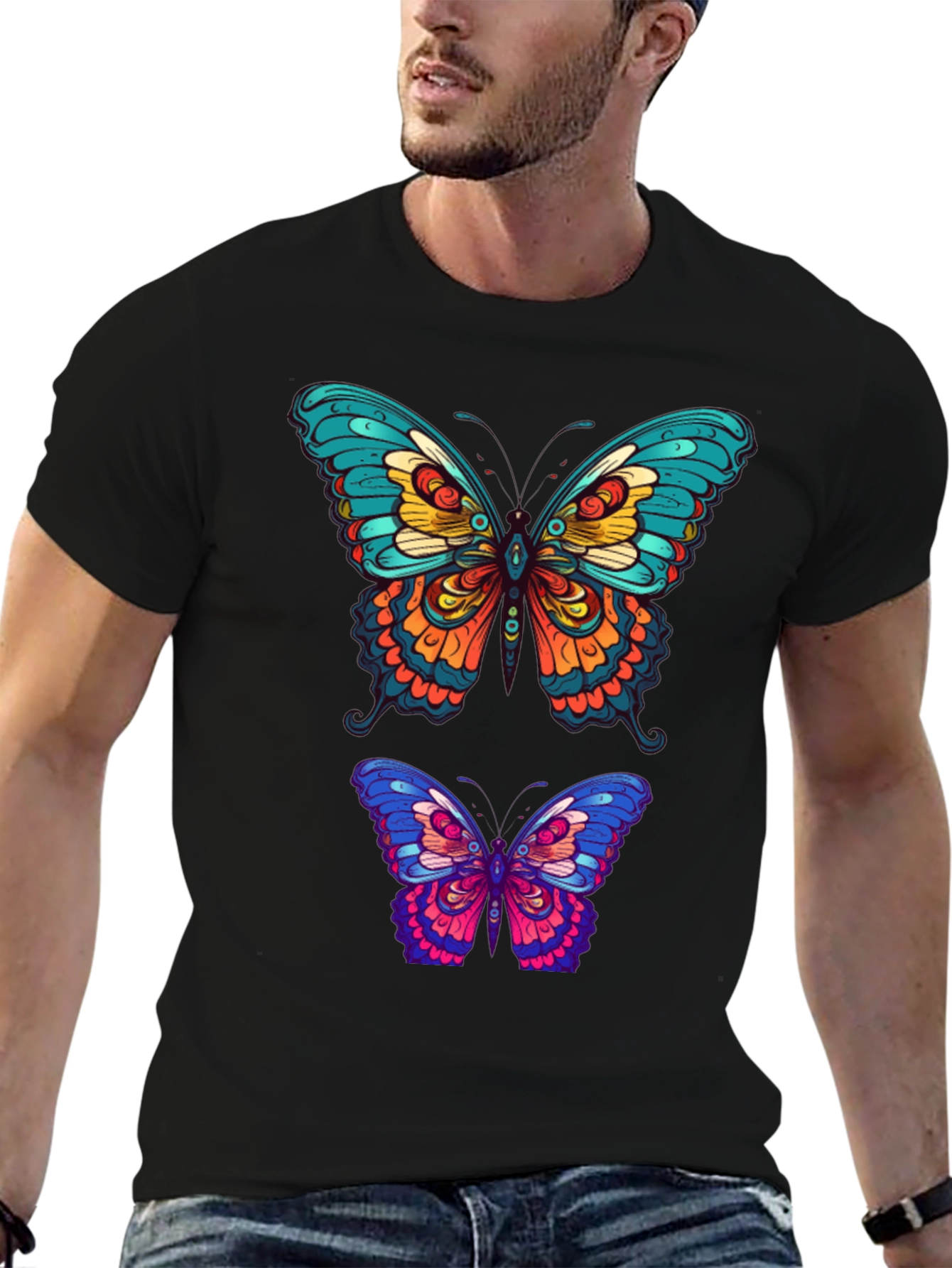 Butterfly Graphic Tee - Vibrant Mens Black T-Shirt