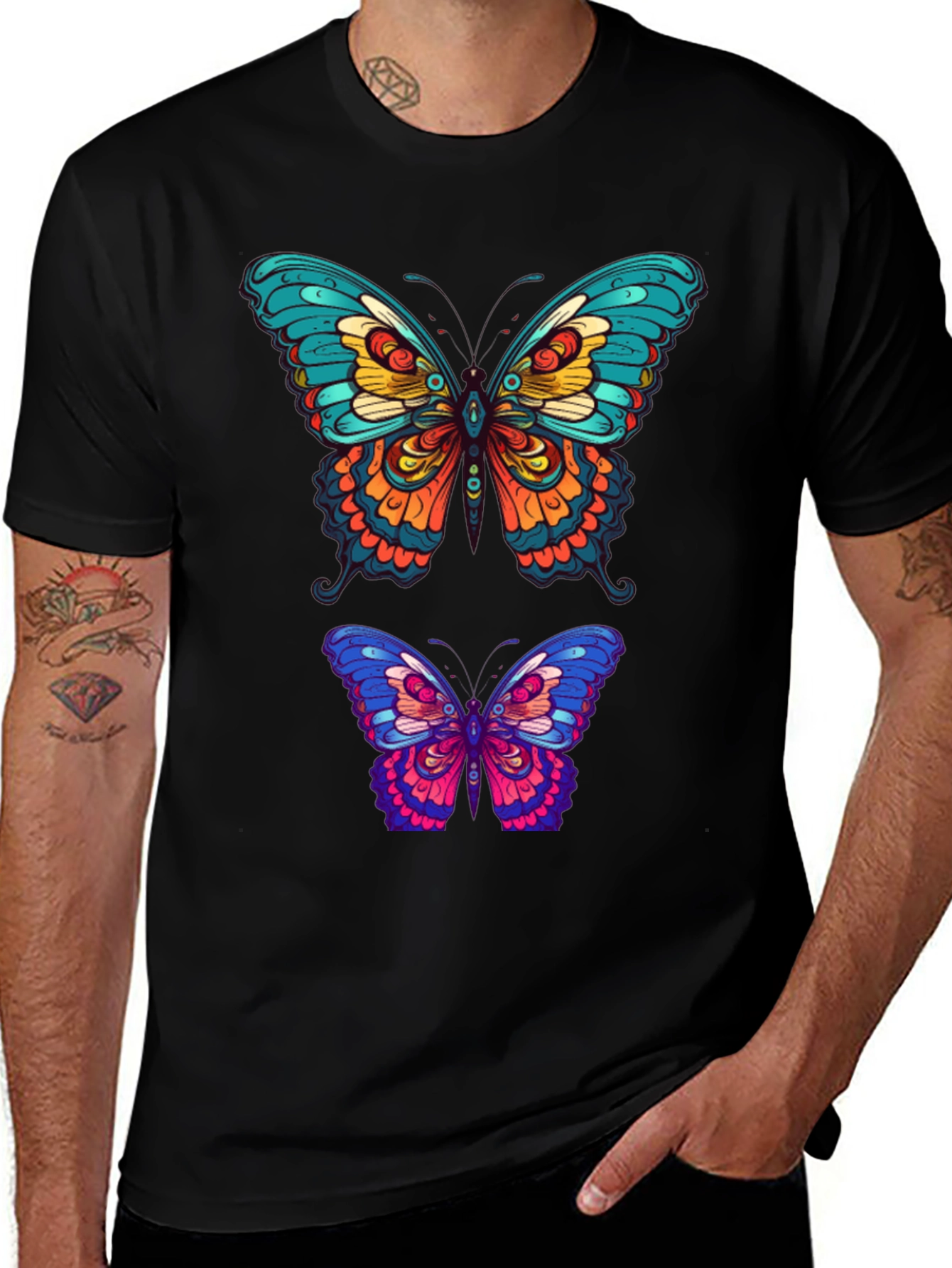 Butterfly Graphic Tee - Vibrant Mens Black T-Shirt