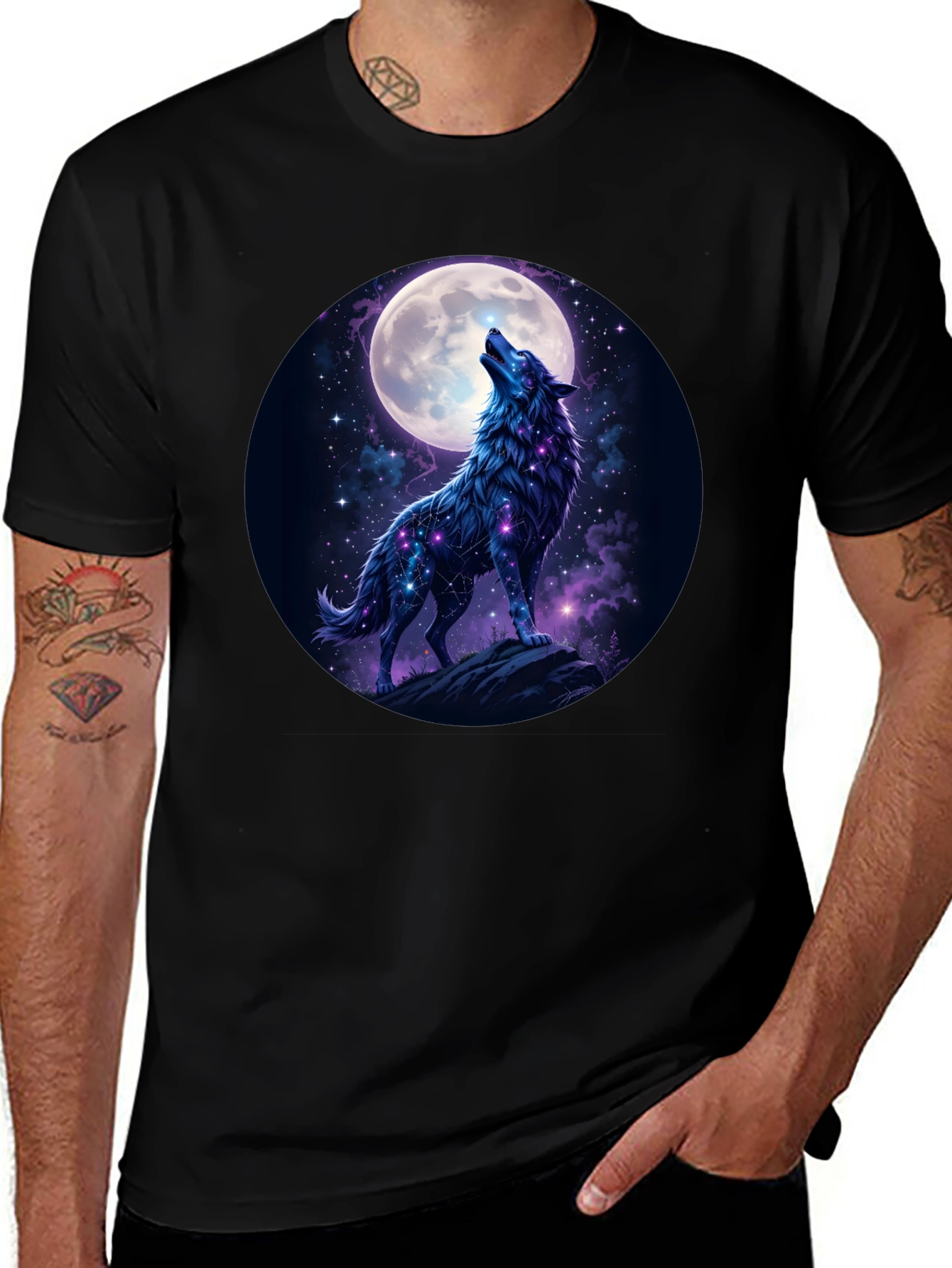 Wolf Howling at Moon Graphic Tee - Black Cotton