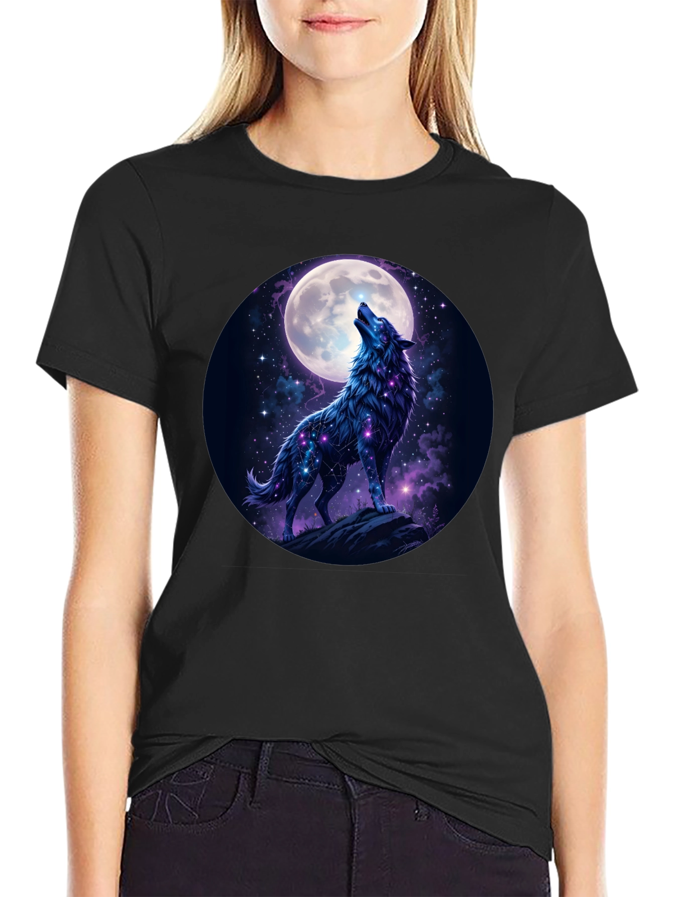 Wolf Howling at Moon Graphic Tee - Black Cotton