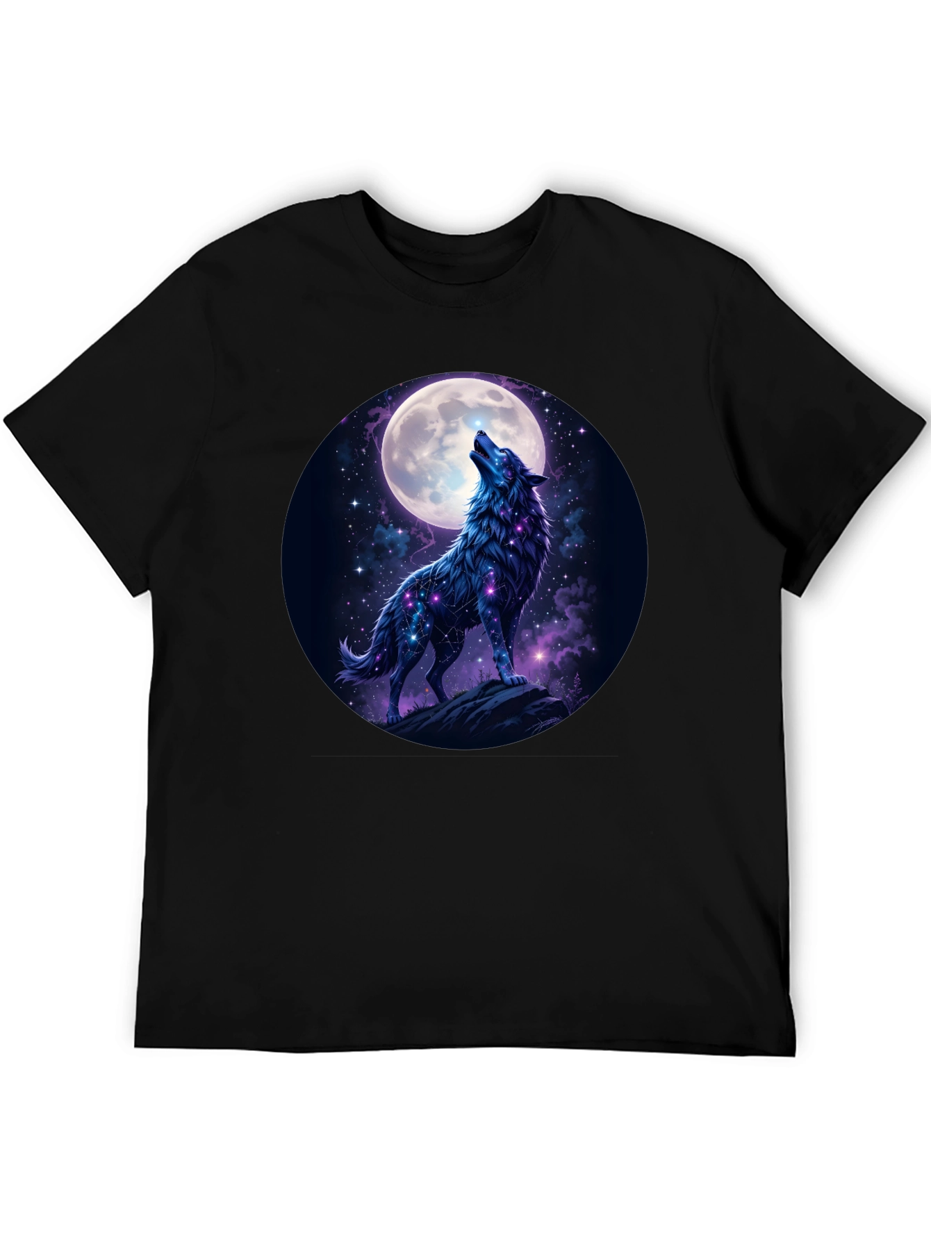 Wolf Howling at Moon Graphic Tee - Black Cotton