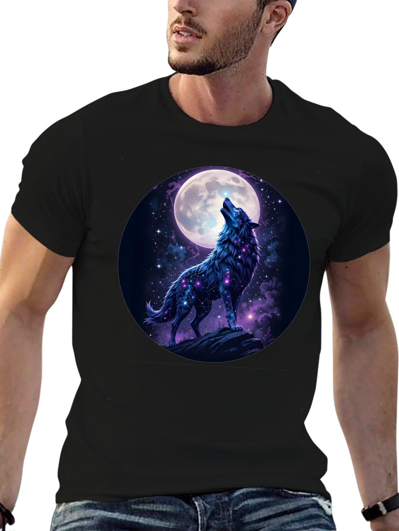 Wolf Howling at Moon Graphic Tee - Black Cotton