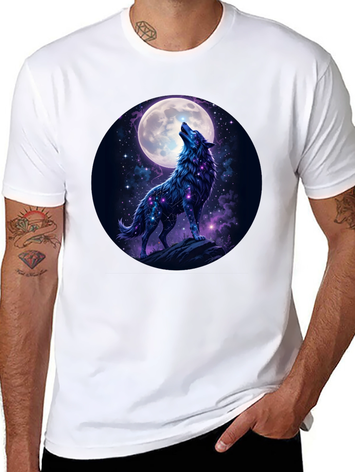 Wolf Howling at Moon Graphic Tee - Black Cotton
