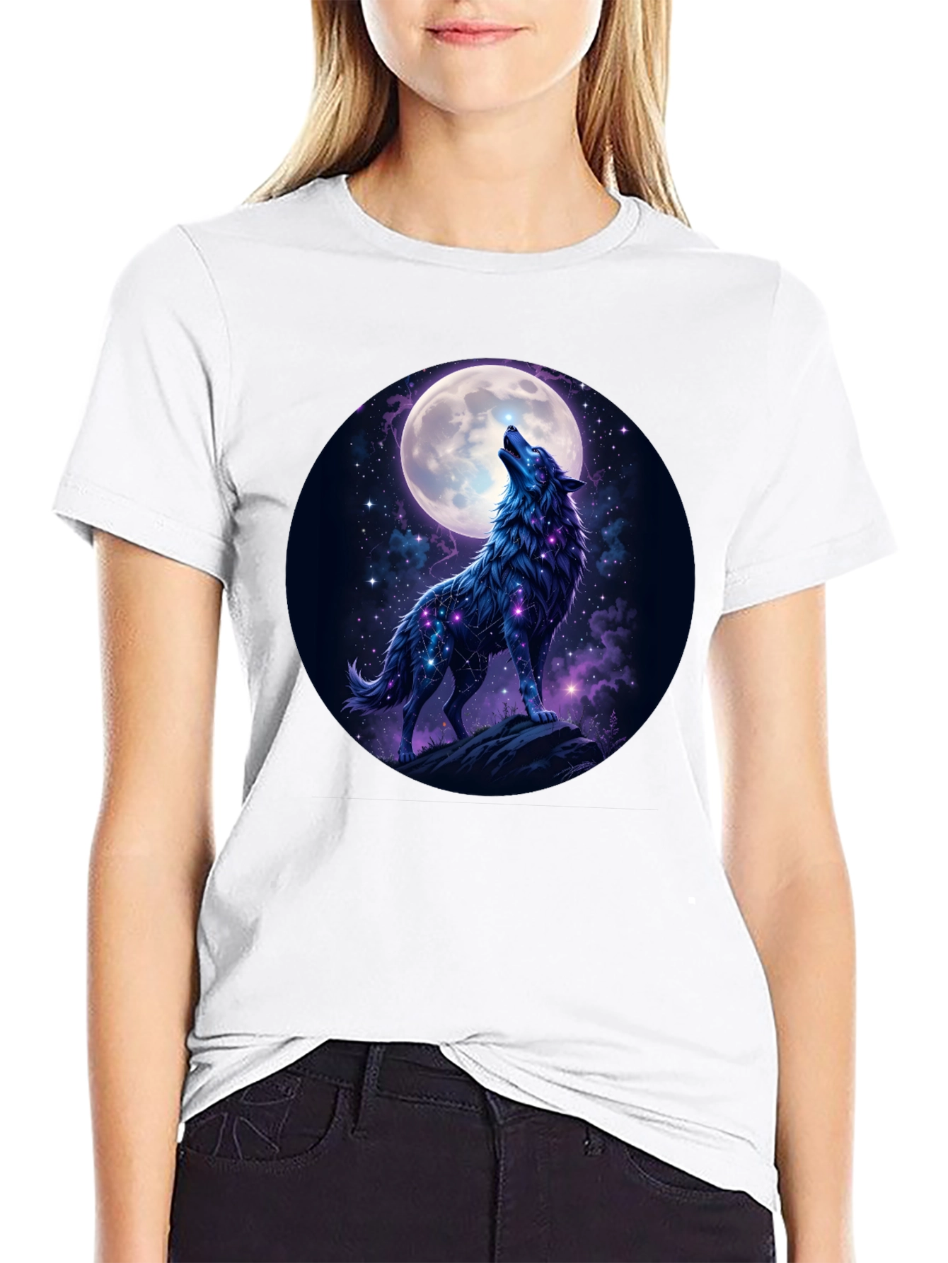 Wolf Howling at Moon Graphic Tee - Black Cotton