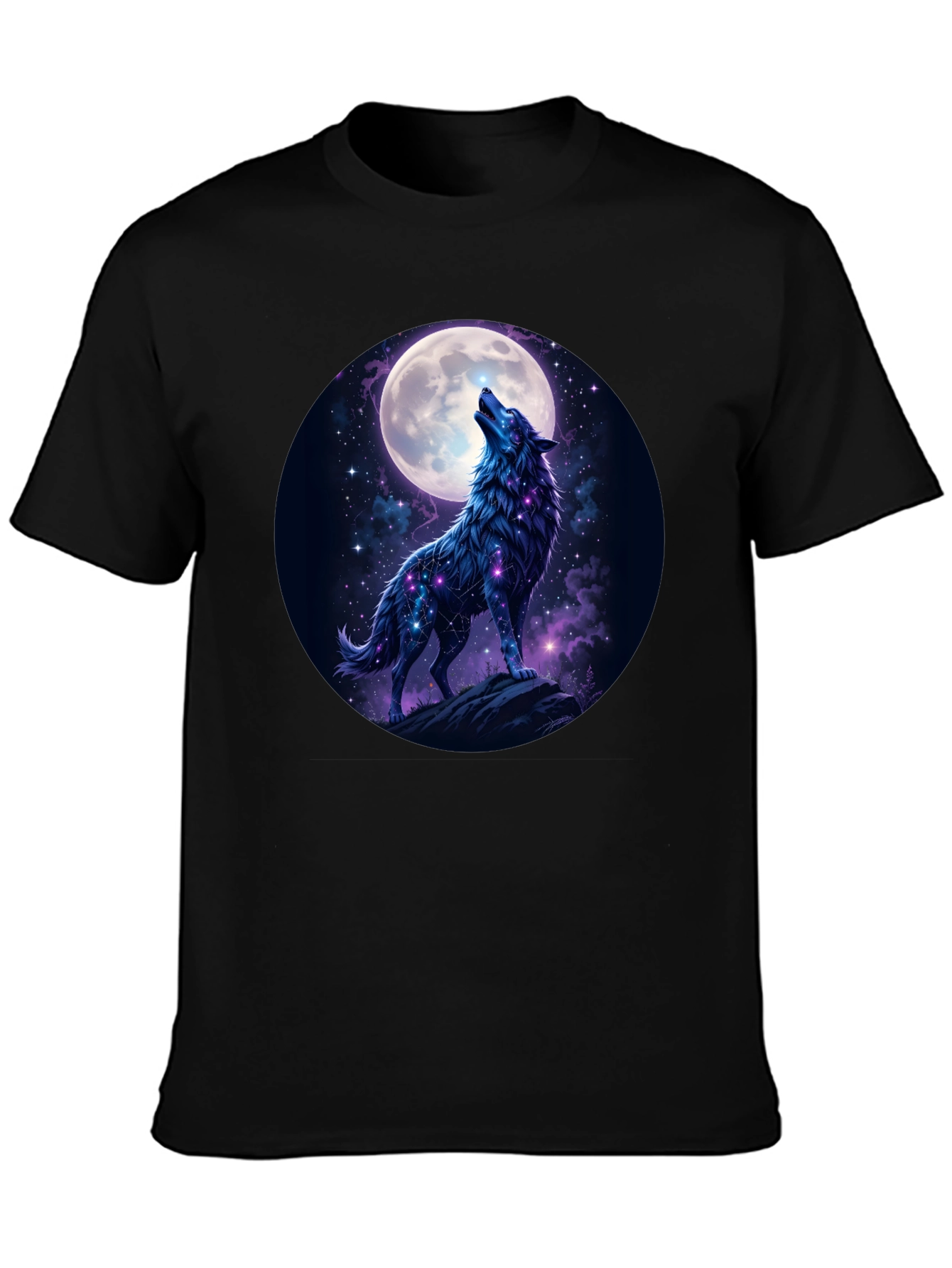 Wolf Howling at Moon Graphic Tee - Black Cotton