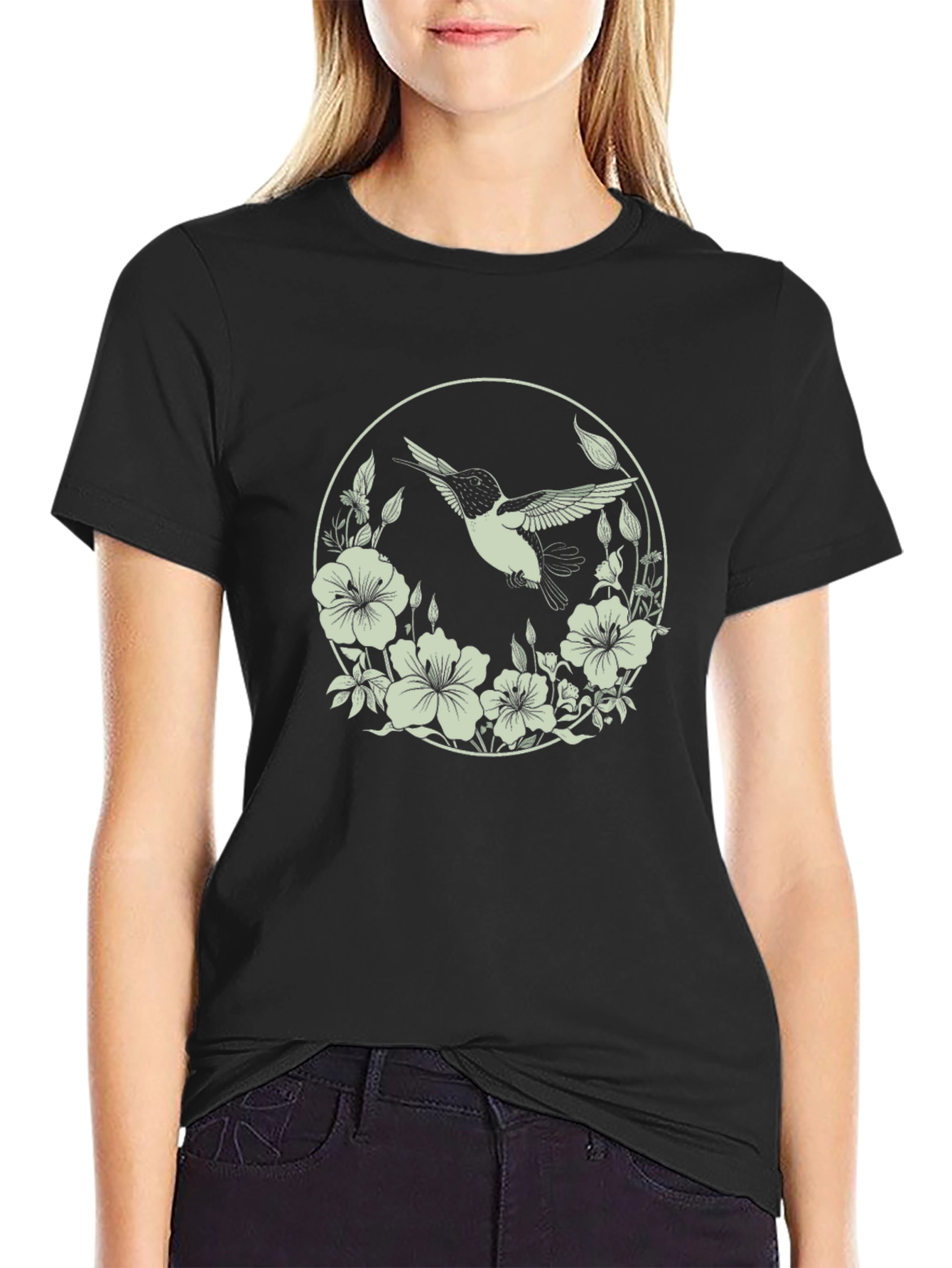 Hummingbird Floral Graphic Tee - Mens Black T-Shirt