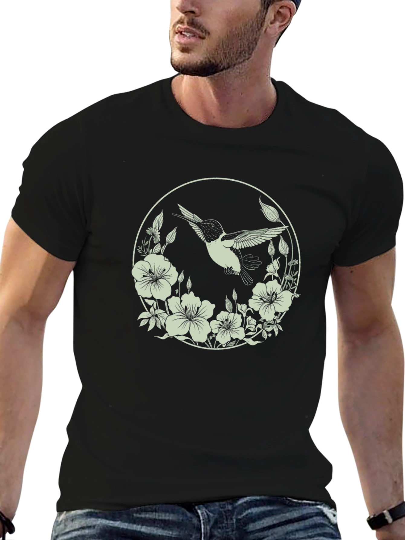 Hummingbird Floral Graphic Tee - Mens Black T-Shirt
