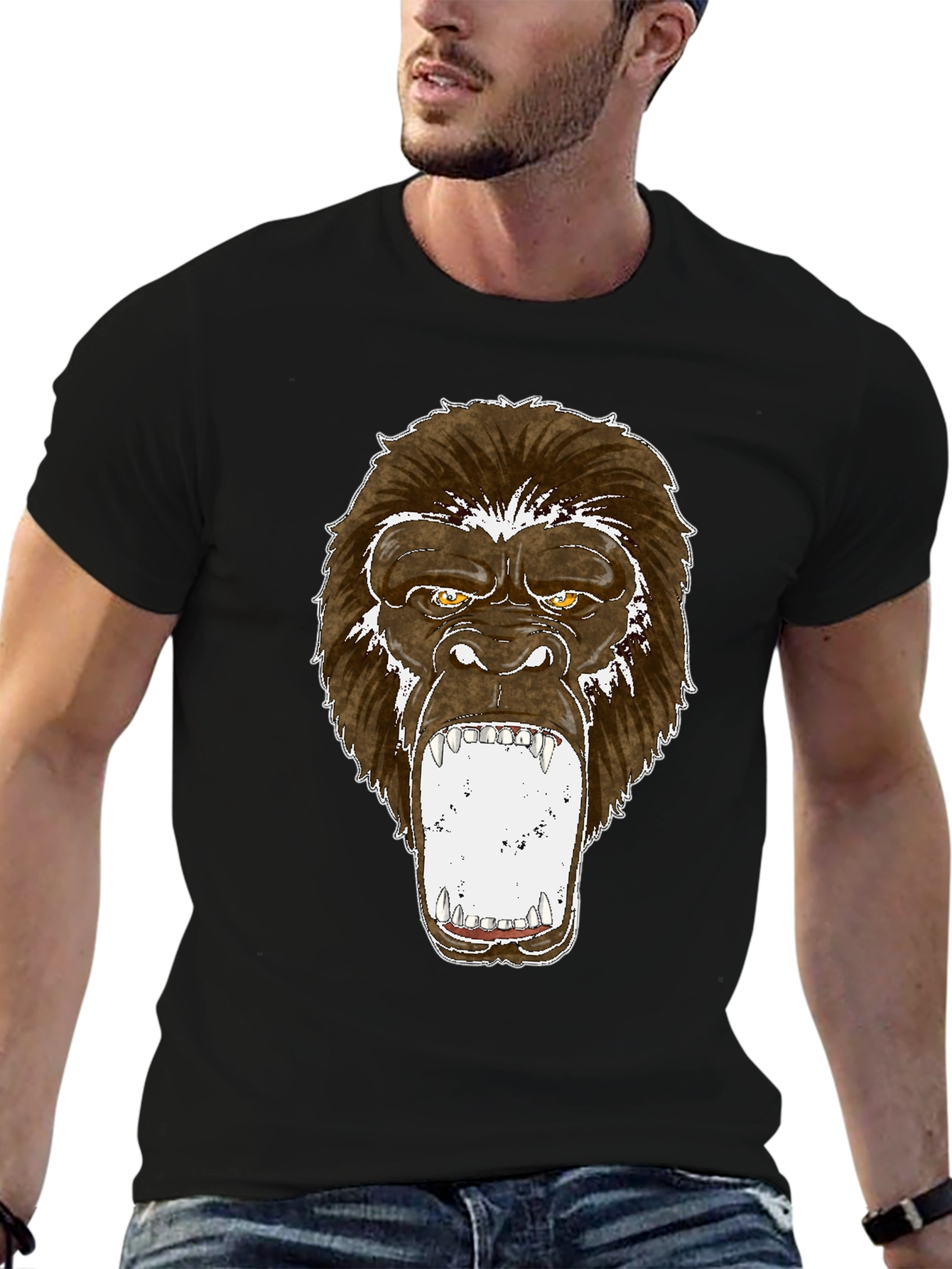 Graphic Tee - Roaring Gorilla Print Black T-Shirt