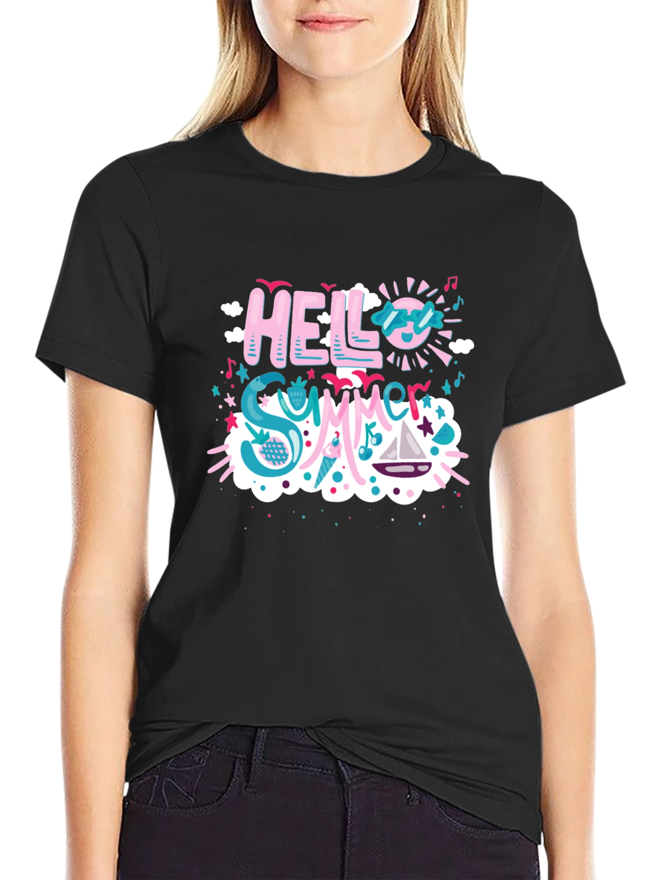 Hello Summer T-Shirt - Black Cotton Blend