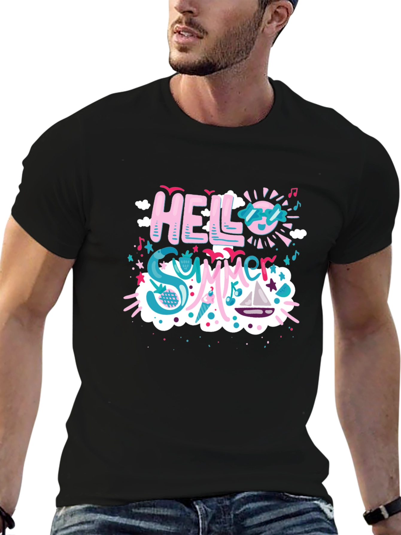 Hello Summer T-Shirt - Black Cotton Blend