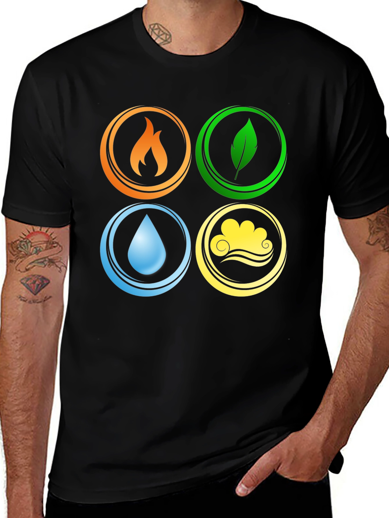 Four Elements T-Shirt Black Tee Earth Wind Fire Water