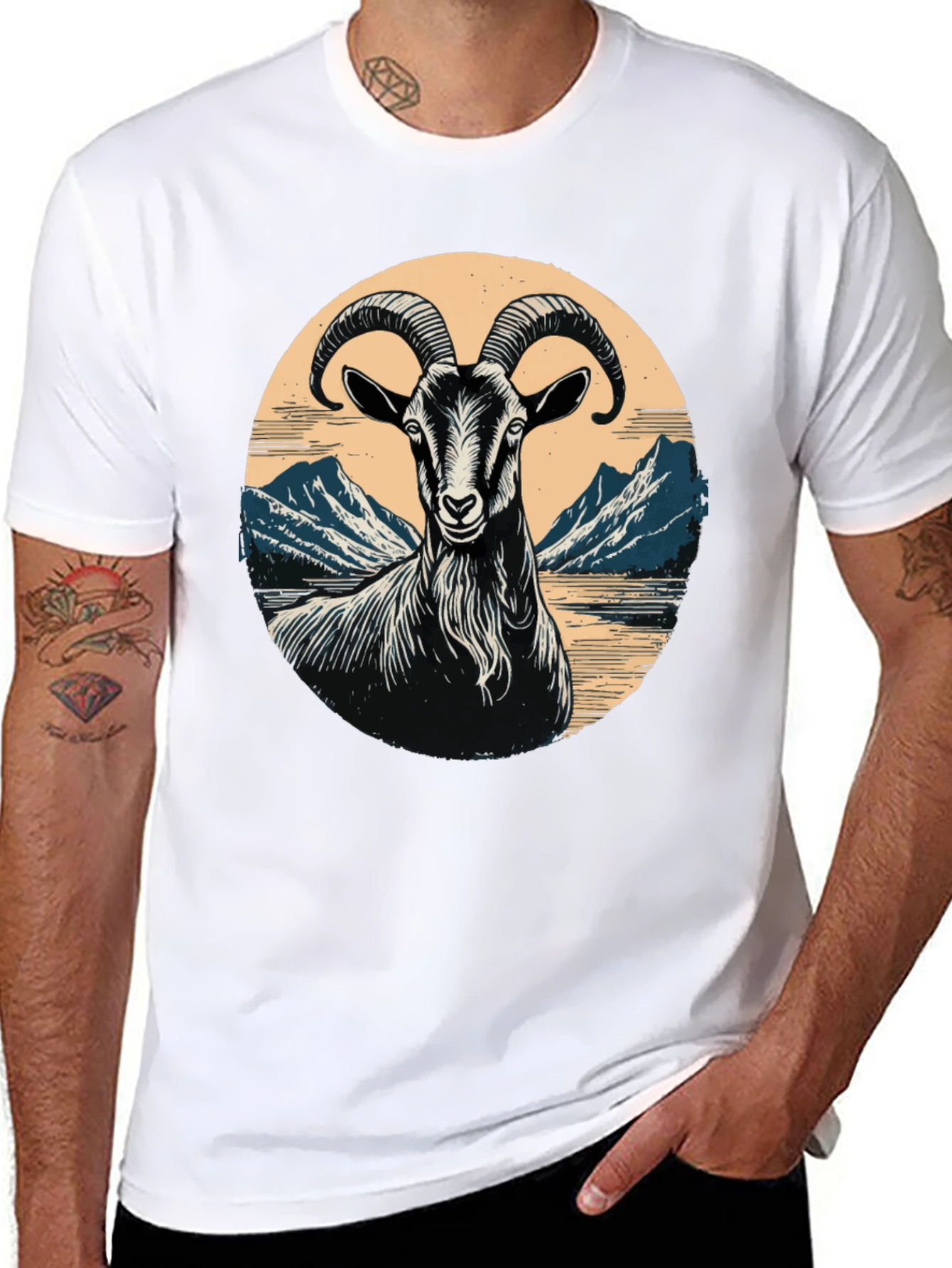 Goat Mountain Scene Graphic T-Shirt