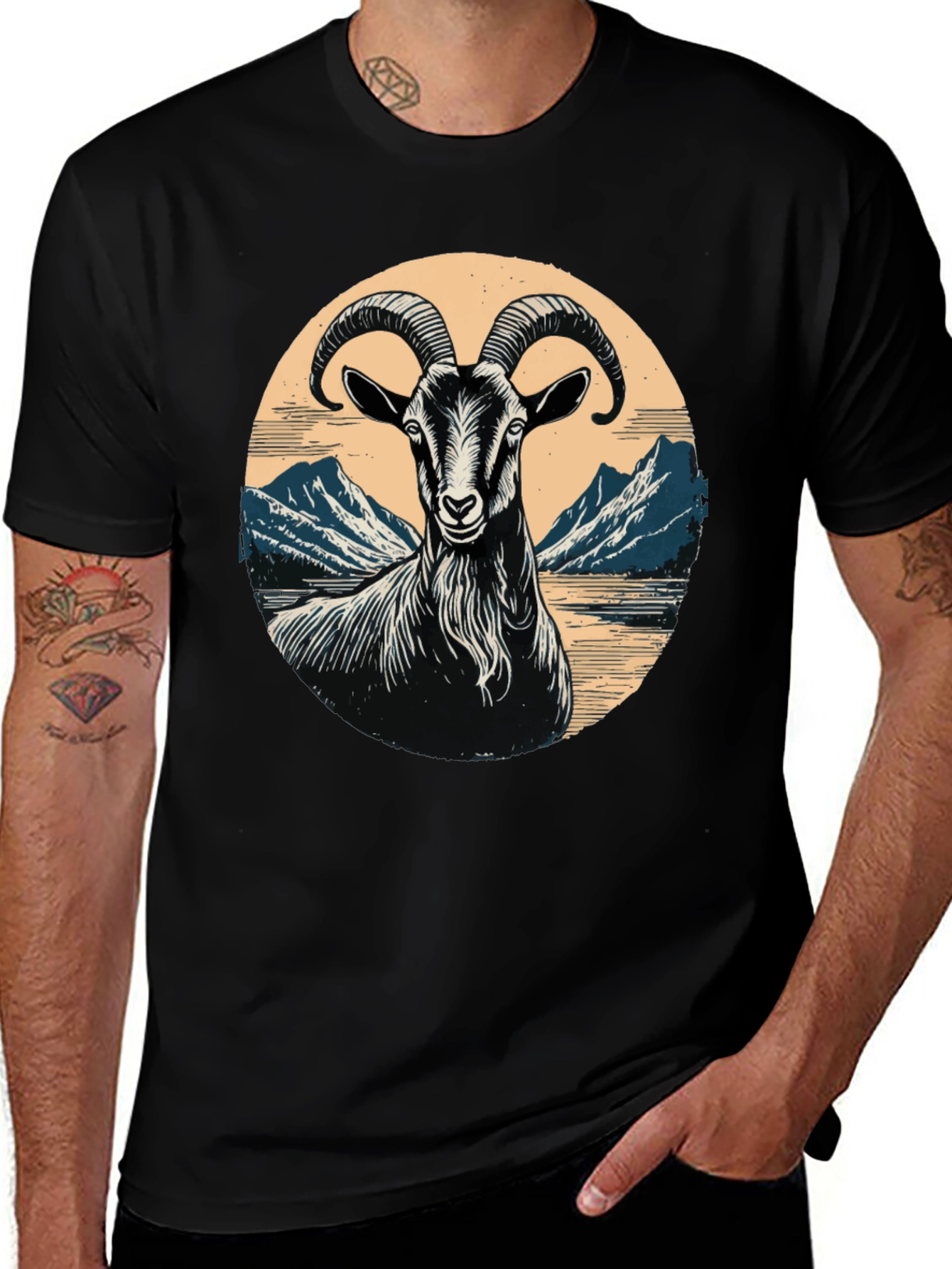 Goat Mountain Scene Graphic T-Shirt