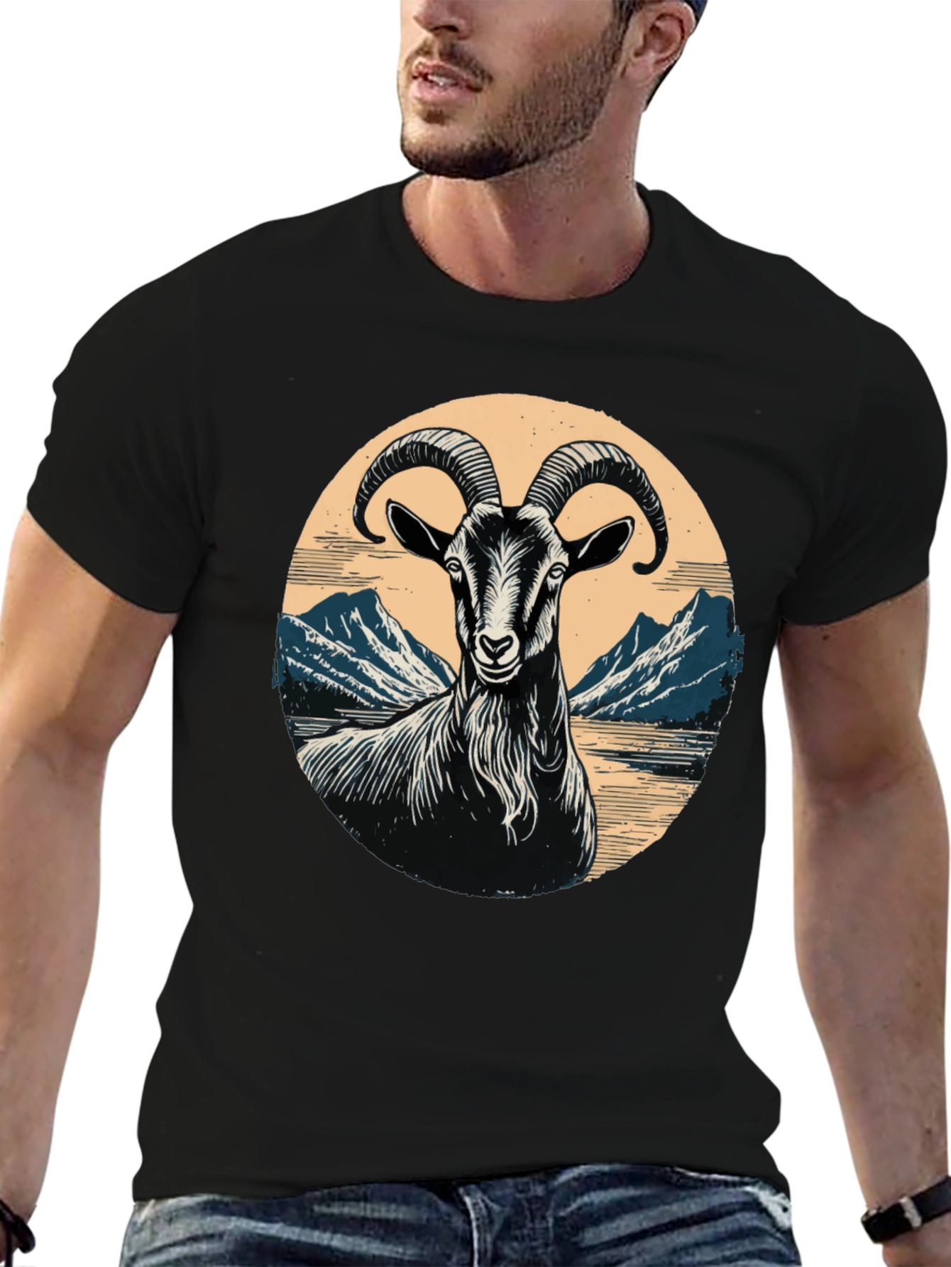 Goat Mountain Scene Graphic T-Shirt