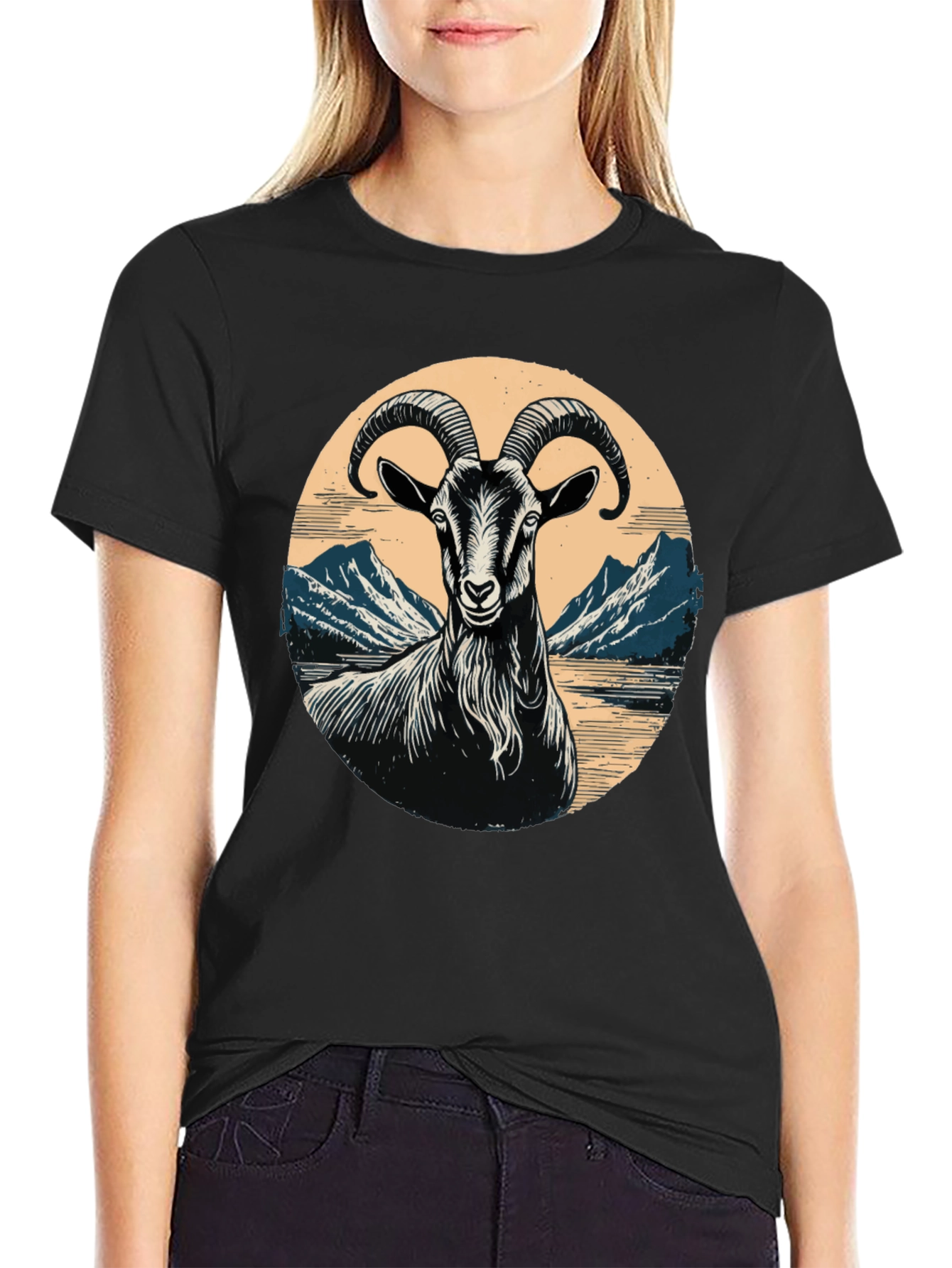 Goat Mountain Scene Graphic T-Shirt