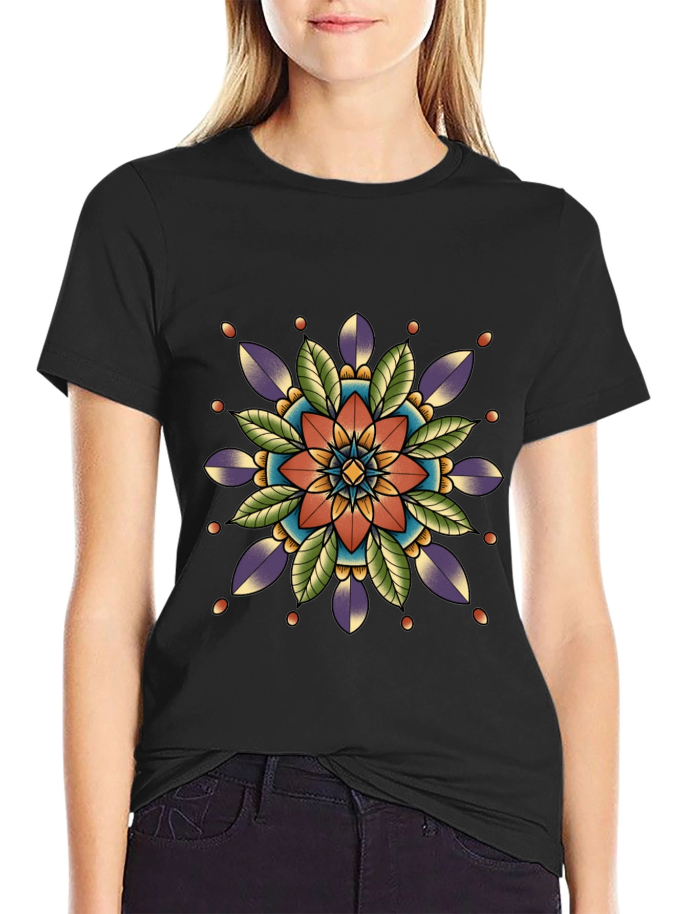 Geometric Mandala Print Black T-Shirt
